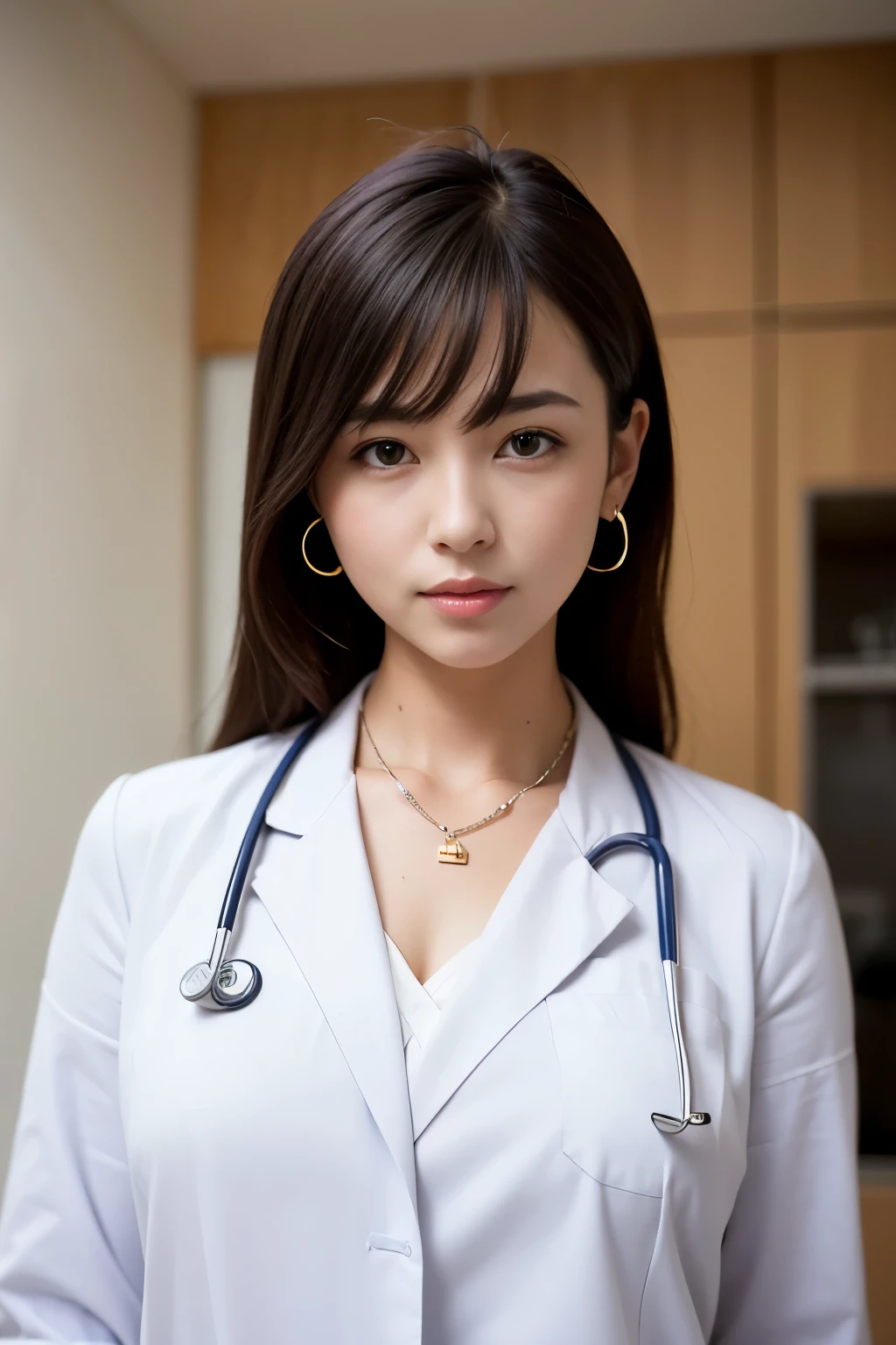 highest quality, ultra high resolution, (realistic:1.4), 1 girl,Doctor in a white coat, black hair flowing、small shiny necklace and earrings,(big breasts),clinical trial,Examination room,table