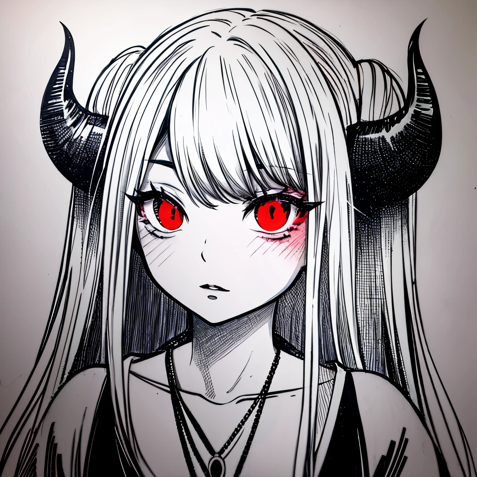 make a horror portrait of a devil horned girl with red eyes in black and white colors