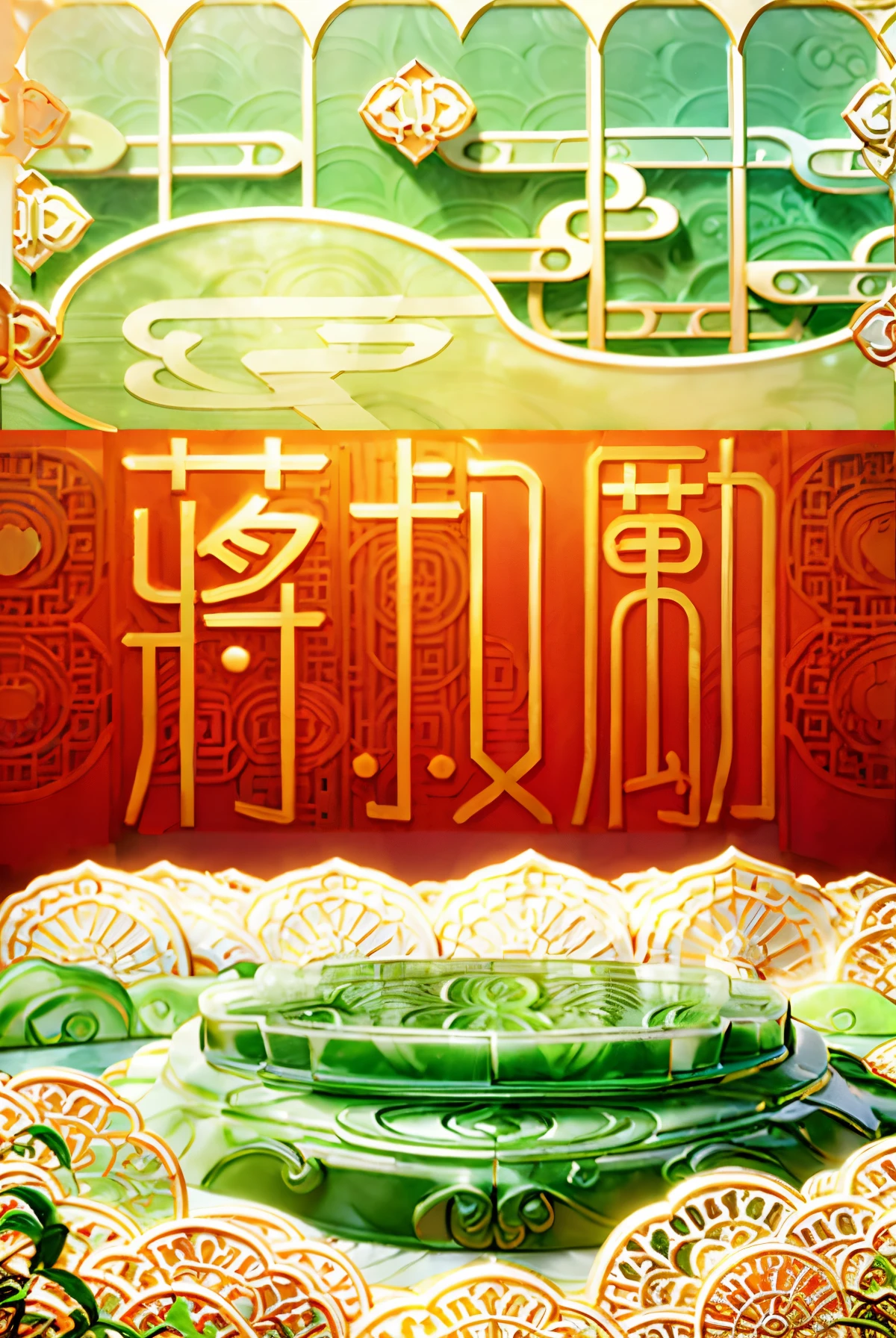 (Yellow theme),(jade carving:1.5), (Chinese cloud pattern:1.2), (Lotus:1.5, Sunflower), (Oriental elements, Chinese colors, senior color matching), (super delicate:1.2, lose focus:1.2, fantastic:1.2, magical light effect:1.2), Masterpiece, three-dimensional,super rich,super detailed,8k,gold,gold line,jade, 3ddianshang\(style\)