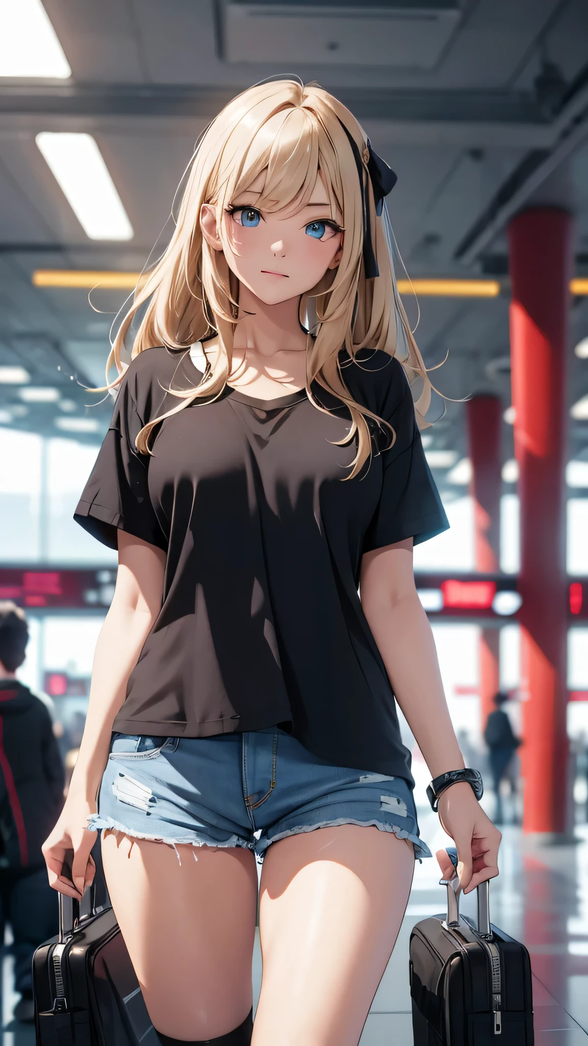最high quality、best image quality、masterpiece、teenage girl((18-year-old、 By becoming、vest bust、medium bust,wide open breast tea、black eye, blonde hair、long hair、thin,highest valley、blue shorts、Black Short Sleeve Jacket、walk、white shirt,chest、Eyeshadow Makeup、I have a carry bag)),high quality、beautiful art、background((In the airport))、debris flies、Depth of written boundary、movie、visual art、perfect art、8K,genuine