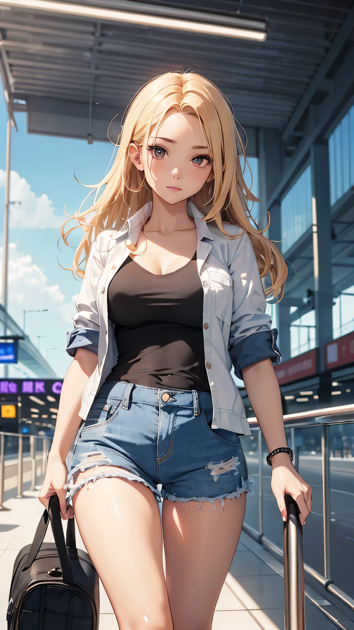 最high quality、best image quality、masterpiece、teenage girl((18-year-old、 By becoming、vest bust、medium bust,wide open breast tea、black eye, blonde hair、long hair、thin,highest valley、blue shorts、Black Short Sleeve Jacket、walk、white shirt,chest、Eyeshadow Makeup、I have a carry bag)),high quality、beautiful art、background((In the airport))、debris flies、Depth of written boundary、movie、visual art、perfect art、8K,genuine