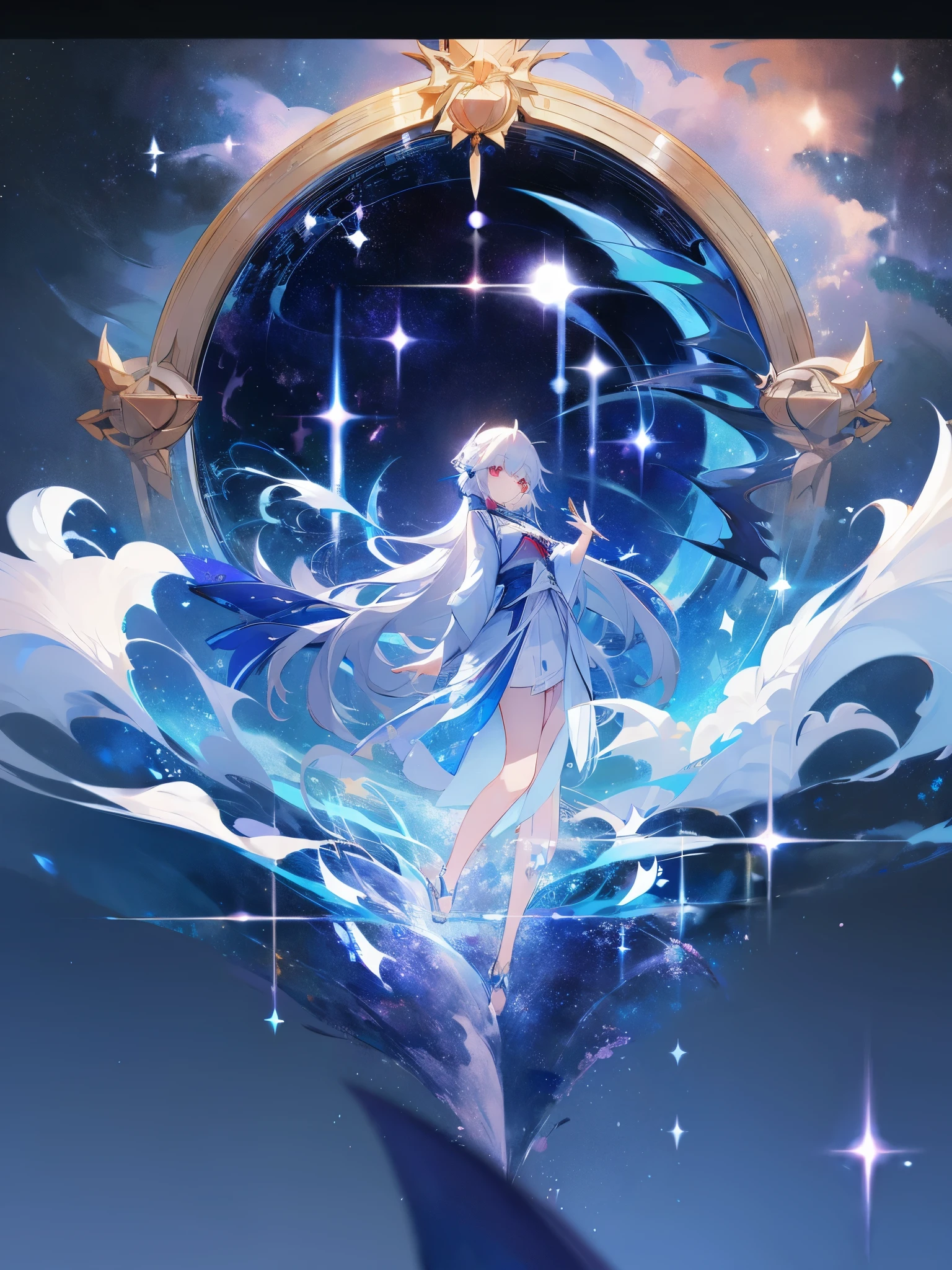 ， A girl wearing blue and white robes, White hair and red eyes, Cute anime waifu wearing beautiful clothes, white hanfu, Beuatiful anime artwork, Beuatiful anime art, Beuatiful anime, anime goddess, guweiz, beautiful figure painting, Beautiful fantasy anime，Girl&#39;s hands hidden in sleeves，starry sky background