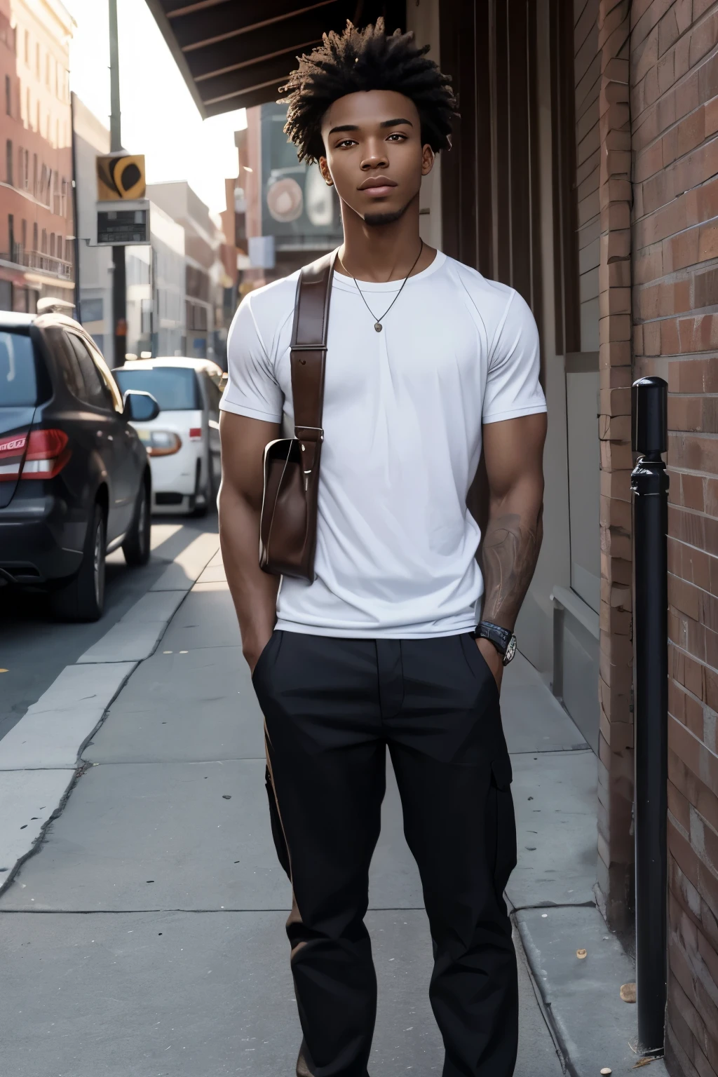 African American Male Age: In his early twenties.Build: Lean and wiry, with a subtle strength borne from navigating the streets of Washington DC.Height: Average height, standing around 5'9" tall.Complexion: Deep, rich brown skin, a reflection of his African American heritage.Hair: Short and practical, his wiry hair is styled in a neat, low-maintenance cut.Facial Features: Angular and expressive, with a determined jawline and soulful eyes that betray a depth of experience.Scars: Faint scars crisscross his skin, reminders of past challenges and encounter https://image.cdn2.seaart.ai/2024-02-09/cn3ap8de878c73dm6r30/41f1d00fb28e643792f0dcaa70c4c60f23cd41e5_high.webp, giving the thumbs up