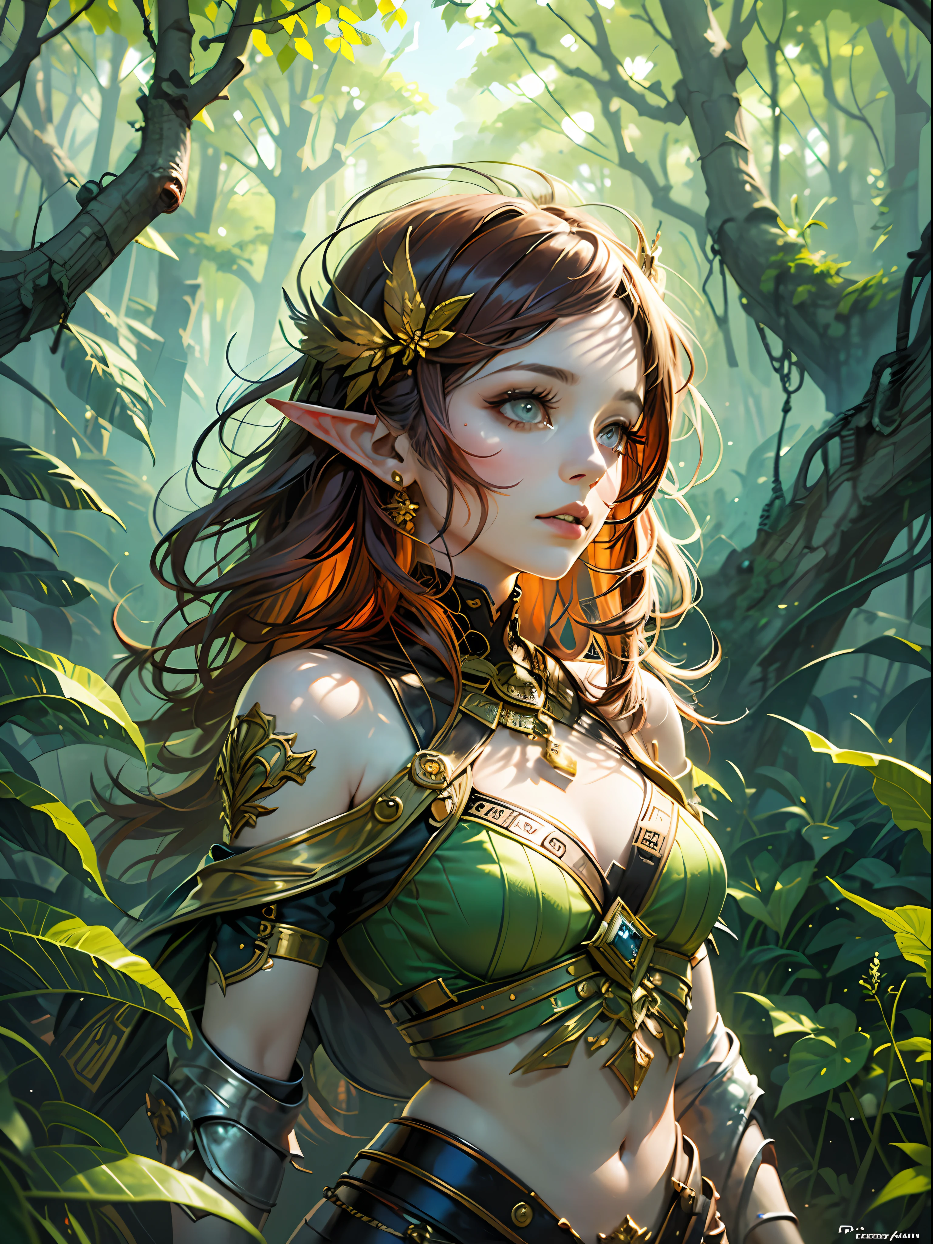 (top quality: 1.4), (unvergleichliches Meisterwerk),(fotorealistisch: 1.4), Rohfotografie,Red hair and green dress, Dress made of leaves, zartes goldenes Muster, Queen of the goblins in the summer forest, Kunst im Fantasy-Stil, Beautiful girl, detaillierte digitale Fantasy-Kunst, very beautiful fantasy art, Waldelf, beautiful and elegant dryad, Grafikerin Magali Villeneuve, Nymphe, (Illustration), Hintergrund, Original,