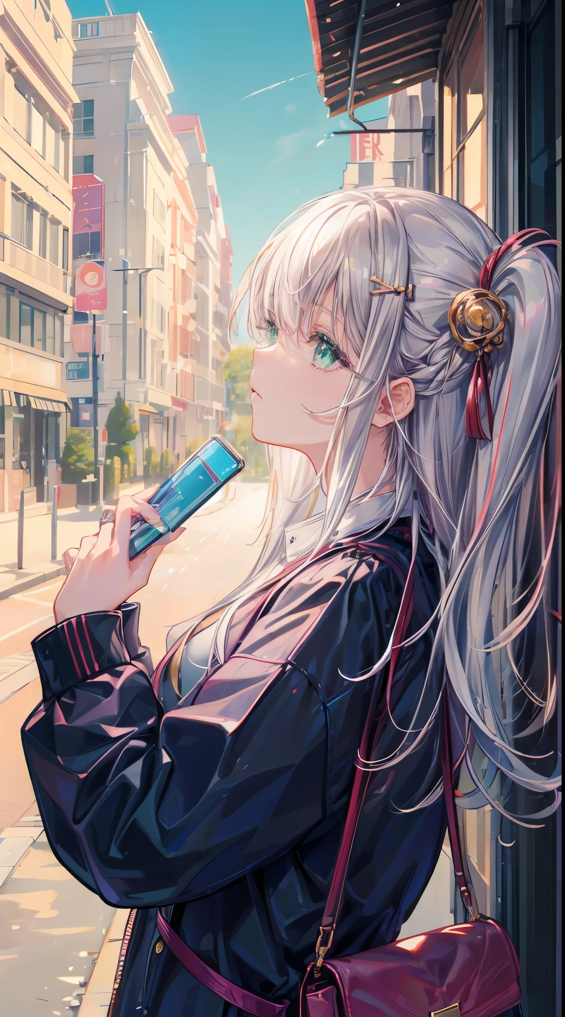 1 girl、Eyes swaying anxiously、profile、Prone to the right、Eyelids lowered、gray hair、long hair、green eyes、On the sides of the head are attached a golden cat-shaped kanzashi