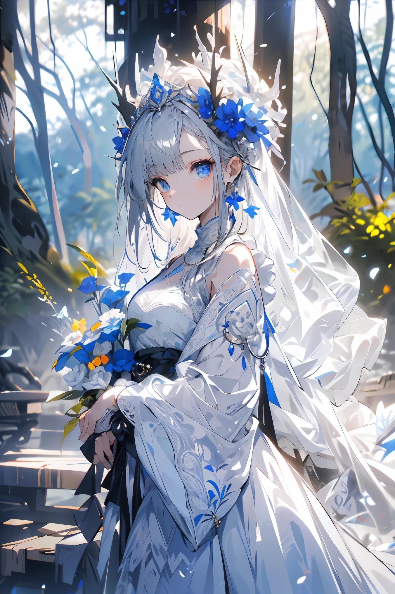 exquisite features,Girl in Western style white wedding dress,glazed eyes,Delicate headwear and silver earrings,long black hair,Xiaoxue,tree branch,Forest Backglue,adorable