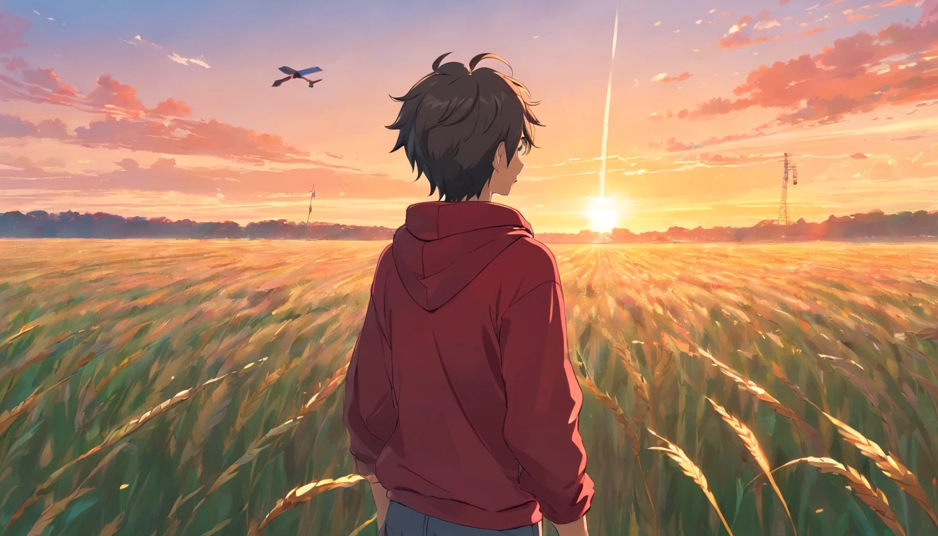 back of a man wearing red and gray striped sweatshirt, on a cornfield flying a red kite, sunset