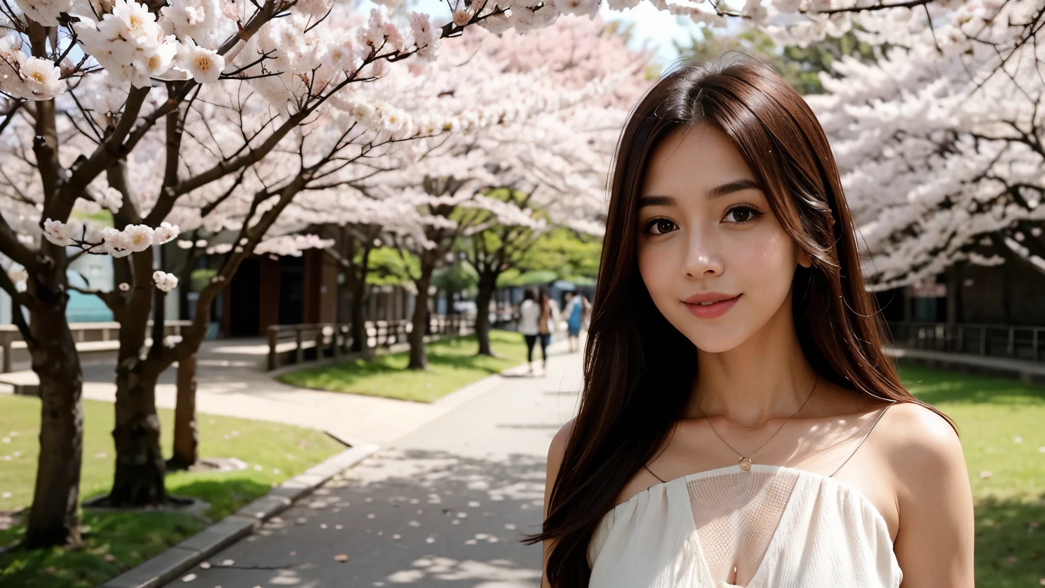Instagram pictures, a girl with shoulder length hair, light blonde hair, a Close-up photo, Take a walk in the park with cherry blossoms, Japan, smile a little,