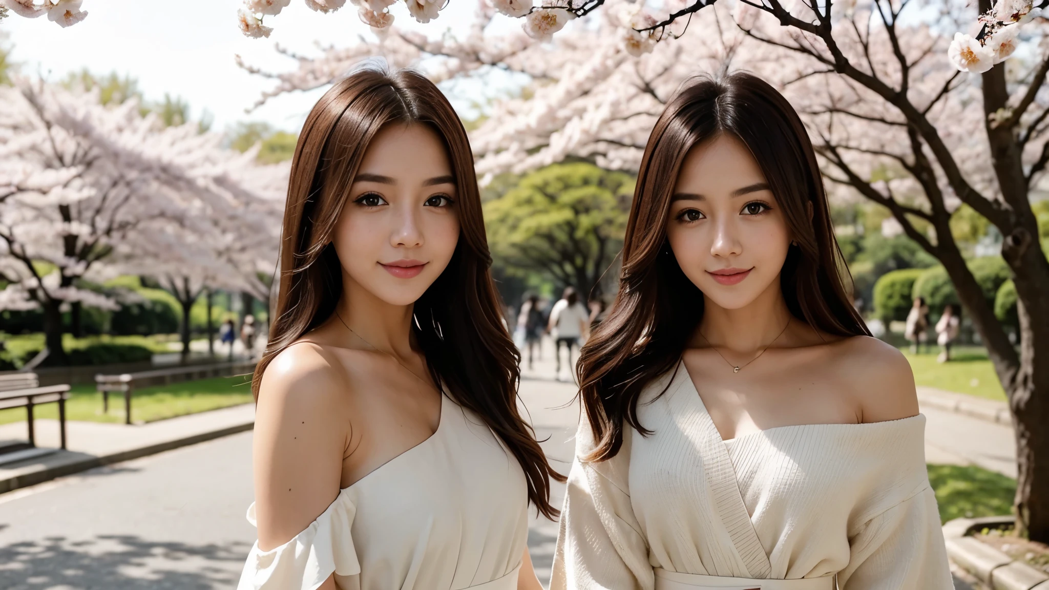 Instagram pictures, a girl with shoulder length hair, light blonde hair, a Close-up photo, Take a walk in the park with cherry blossoms, Japan, smile a little,