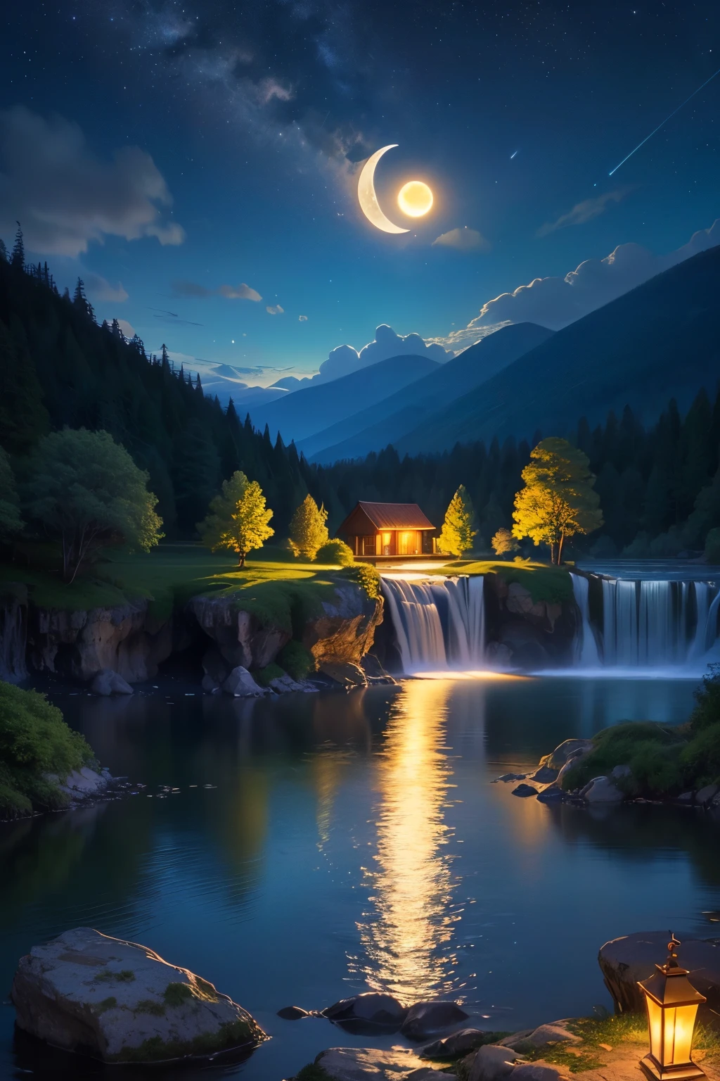 Landscape waterfall with moon view　countless firefly lights　lake
