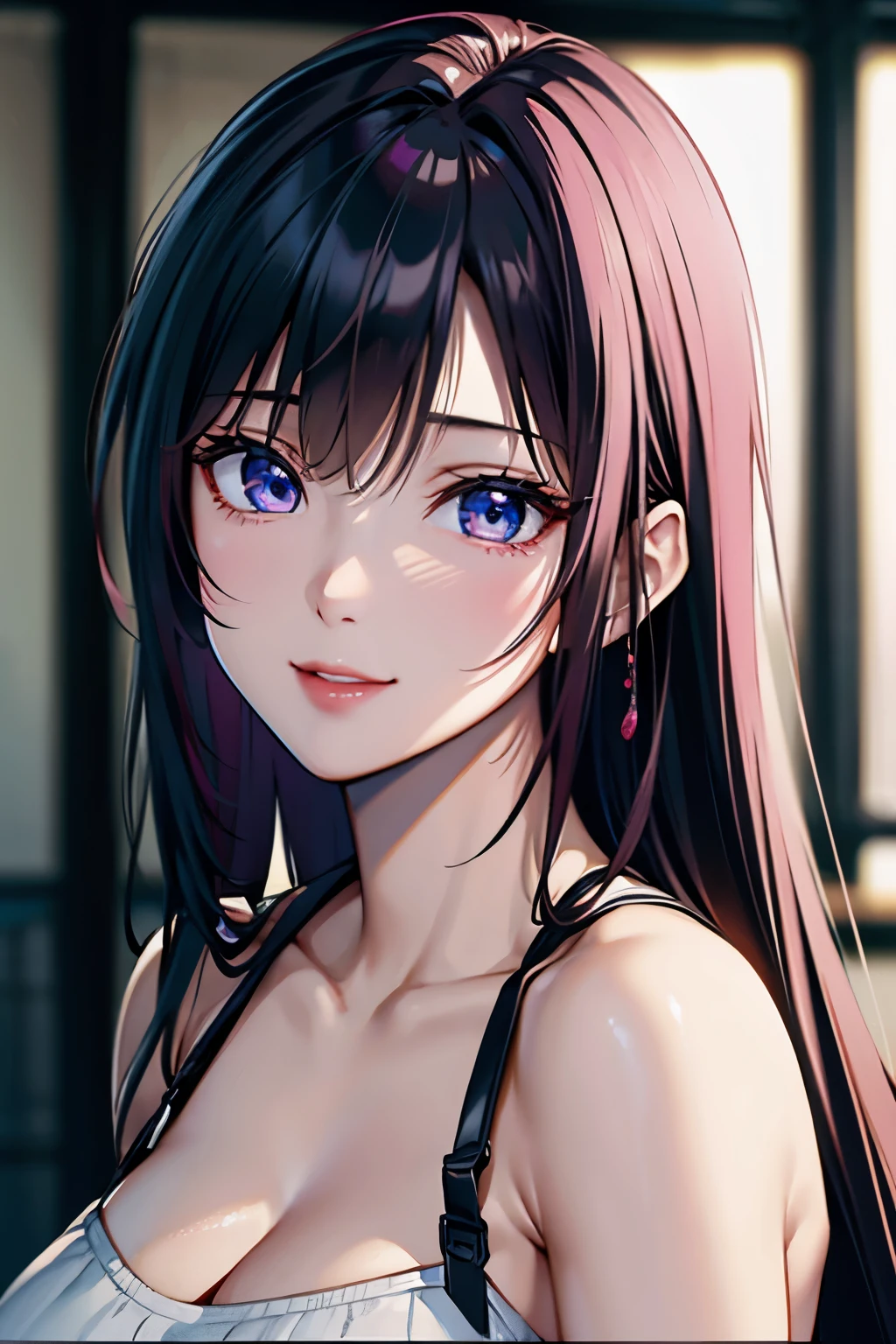 ultra realistic 8k cg, a very sexy 3d girl , 1girl, solo, black hair, big breasts , long hair, add_detail:1, more_details:0, more_details:0.5, more_details:1, more_details:1.5, sexy, ((extremely detailed)), , (((masterpiece))), (((best quality))), (glow), shiny skin, rich in details and textures, sharp focus, pink cheeks, long eyelashes, glossy rip, pink soft rip, realistic nose, cut bangs, face, smiling, blue eyes, princess, noble, student, sexy, small eyes, kawaii, sharp eyes, black straight hair, wide bangs, makeup, pink cheek, white glossy skin