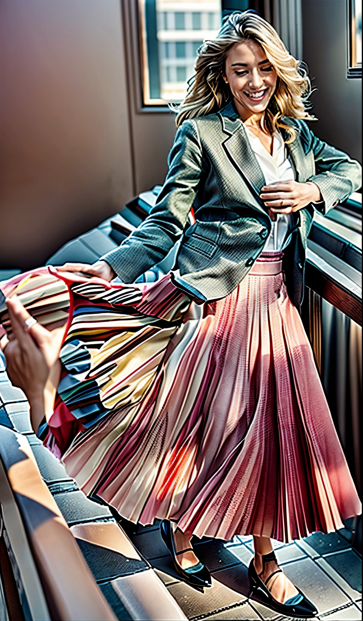 A smiling, authentic, (shy:1,3), kind, beautiful woman, in love with her skirt, while wind lifts her skirt, wearing short blazer and very very detailed (long (fully pleated) full circle skirt) and (low heeled court shoes), very very intricate hyper-detailed symmetric (attractive graceful young feminine face) with (sad, tired eyes and a shy smile), large breasts, full of empathy and compassion and love, (pronounced (feminine) features), (highly detailed ultra accurate realistic) hands and fingers, (windy), epic composition, highly detailed attributes, (35mm f1.4 Kodak portra 400 photograph), extremely high quality RAW photograph, highly detailed atmosphere, sci-fi, cinematic shot, dynamic lighting, 75mm, Technicolor, Panavision, cinemascope, sharp focus, fine details, 8k, HDR, realism, realistic, key visual, film still, superb cinematic color grading, depth of field