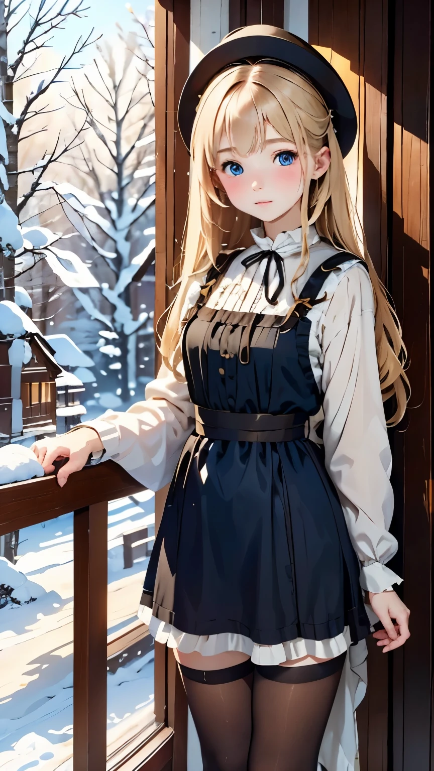 realistic ,Russian maid (19th century): a (cute young girl:1.1) with blonde hair, blue eyes, Fair skin, expensive, Wearing a dark colored dress, 長袖でフルレングスでaることが多い, Pair it with a white apron, Sometimes a small hat or scarf, (stockings:1.1). amidst the opulence of a Tsarist dacha, Featuring gorgeous woodwork, Abundant tapestries, A samovar steaming in the corner, Against the background of a snow-covered landscape seen through a frosty window. 