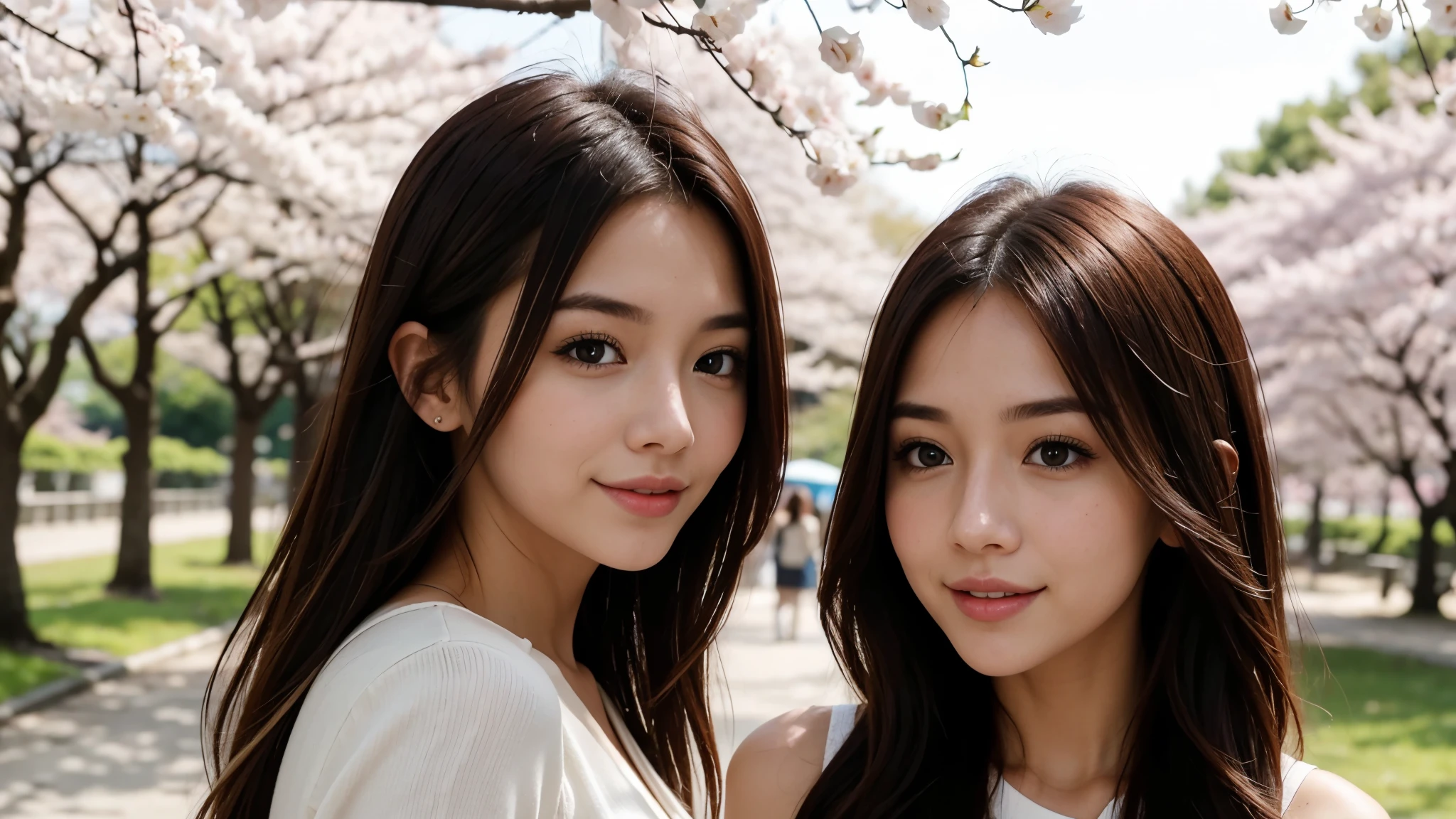 Instagram pictures, a girl with shoulder length hair, light blonde hair, a Close-up photo, Take a walk in the park with cherry blossoms, Japan, smile a little,