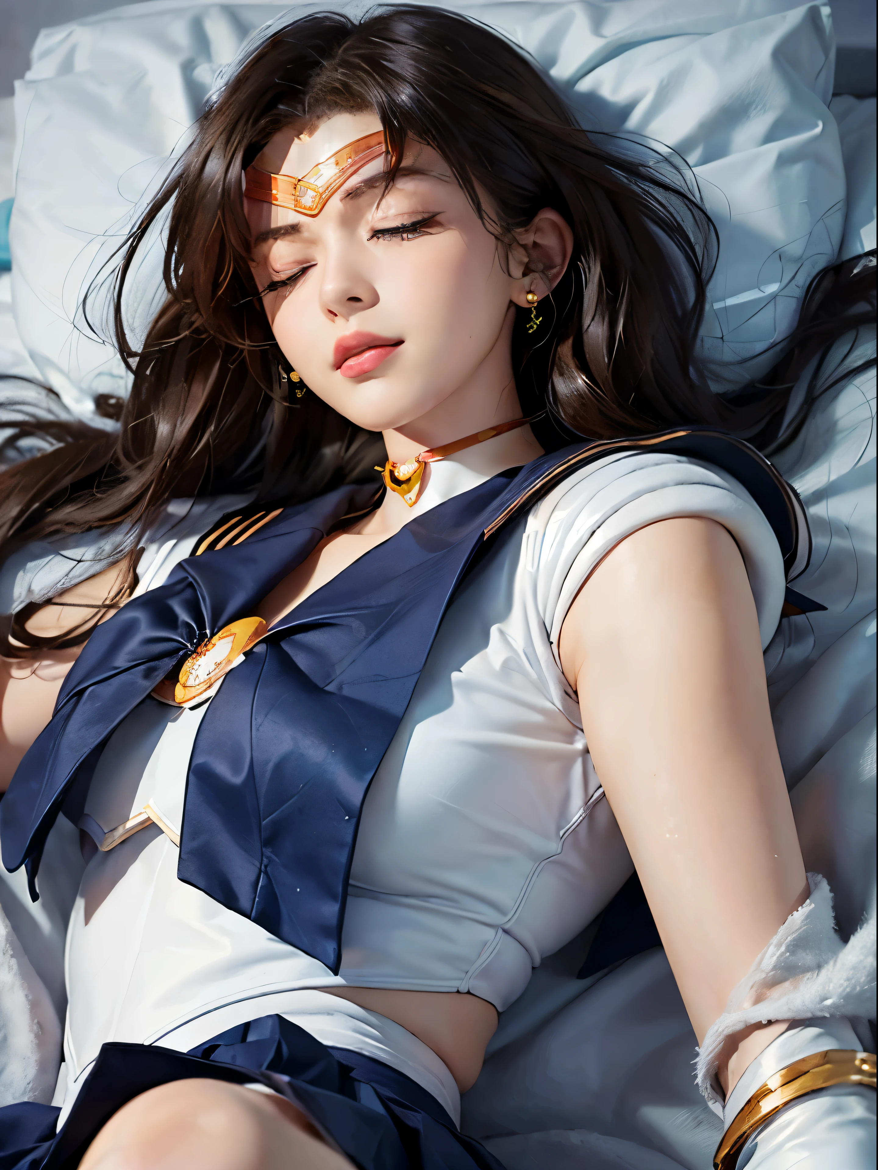 1 woman, solo, (high quality,8k, long blonde hair, realistic, best quality, masterpiece, ultra detailed):1.5, ((sama1, sailor Senshi uniform, white gloves, sailor collar, navy blue skirt, white gloves, Bow, close eyes, boots:1.7, stocking)), (sailor moon uniform:1.8), defeated from fighting:1.5, painful, ((laying on back:1.8)), (eyes closed:1.7), (unconsciousness:1.6), beautiful face, hyper detailed face, eyes closed,