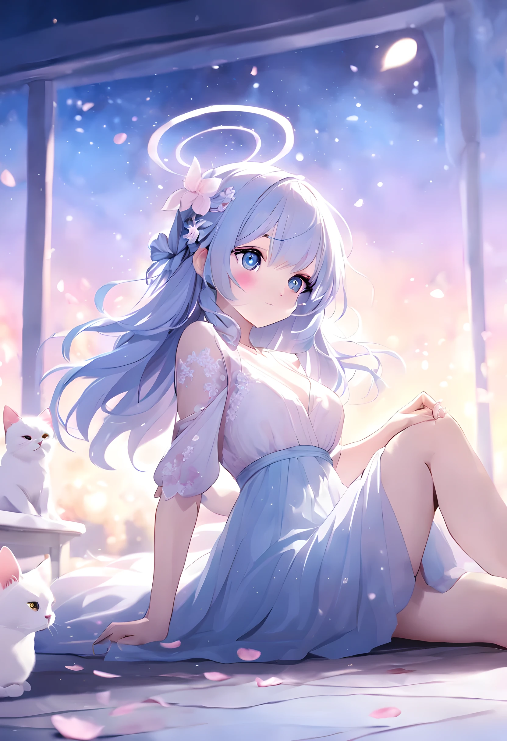 （best quality，4K，8k，high resolution，masterpiece：1.2），super detailed，（realistically，realistically，lifelike：1.37），perfect fun atmosphere，Complex lotus petal movements，The elegance of bright colors and delicate brushstrokes，The bright red stage is dotted with delicate falling snowflakes，Gentle and ethereal beauty，Dusk shines in every corner，Dance to the rhythm of flying cherry blossom petals，Mystery and elegance intertwined， Delicate emotional tears sparkle in the moonlight，girl and white cat，long blue hair， blue eyes， flowing blue dress， white top，three quarter sleeves， sitting position， brushing hair， starry sky background， halo