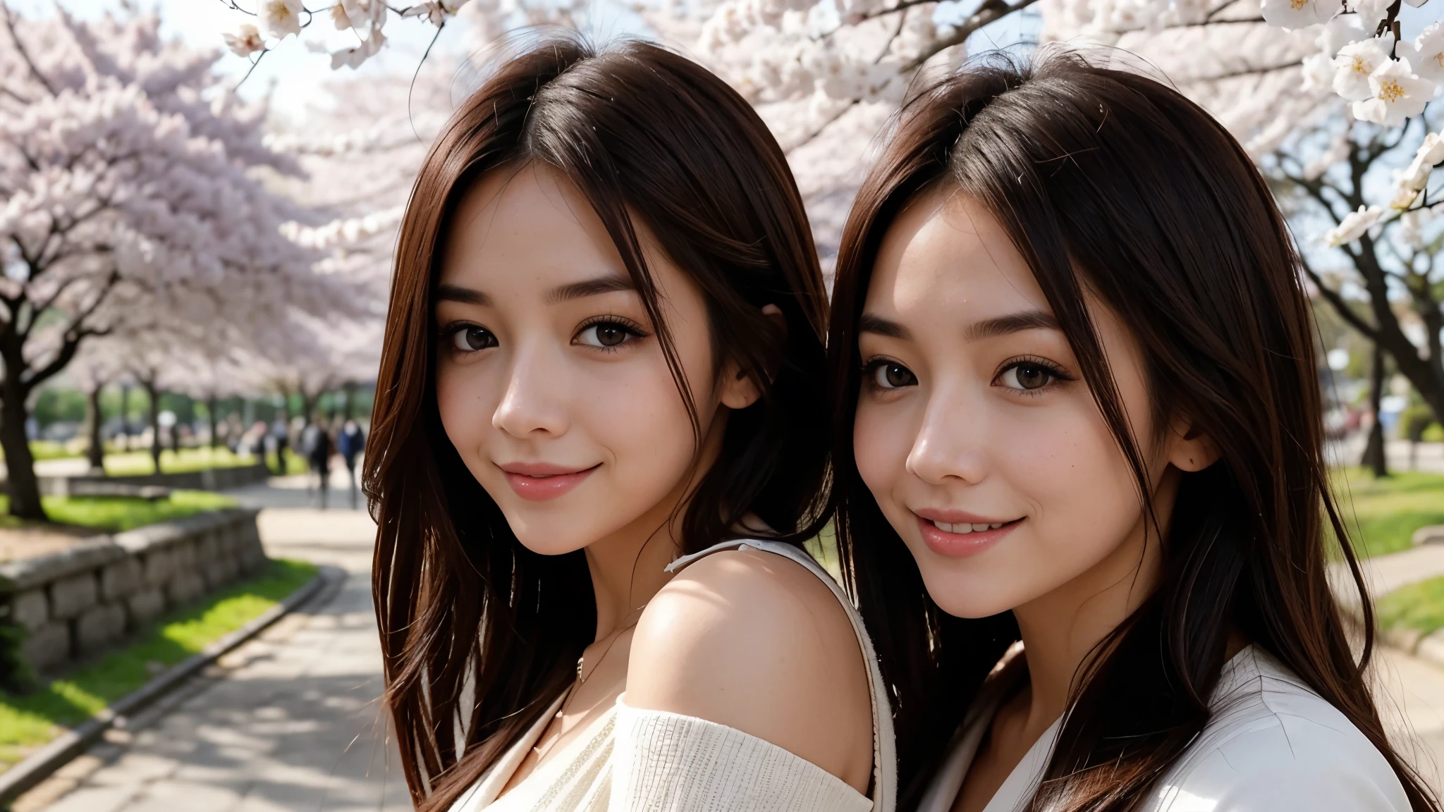 Instagram pictures, a girl with shoulder length hair, light blonde hair, a Close-up photo, Take a walk in the park with cherry blossoms, Japan, smile a little,