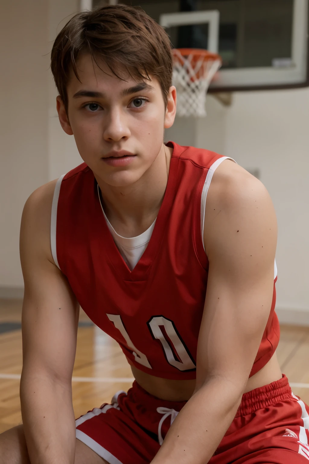 ((best quality)), ((masterpiece)), (detailed), perfect face，13 year old muscular boy，Handsome，strong，big eyes，high nose bridge，thin lips，Wear a red vest，red shorts，Basketball players