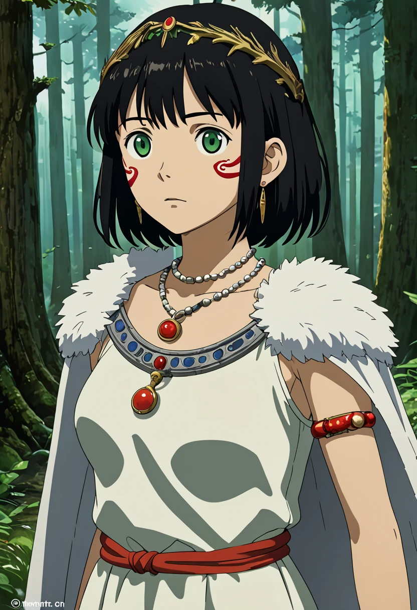 anime screencap from studio ghibli,san \(mononoke hime\),1girl,girl,armlet,bangs,black hair,black undershirt,breasts,cape,circlet,earrings,facepaint,floating hair,forest,fur cape,green eyes,jewelry,looking at viewer,medium breasts,nature,necklace,outdoors,parted bangs,shirt,short hair,sleeveless,sleeveless shirt,solo,tooth necklace,tree,upper body,white shirt, (best quality, masterpiece, Representative work, official art, Professional, Ultra high detail, 8k:1.3)