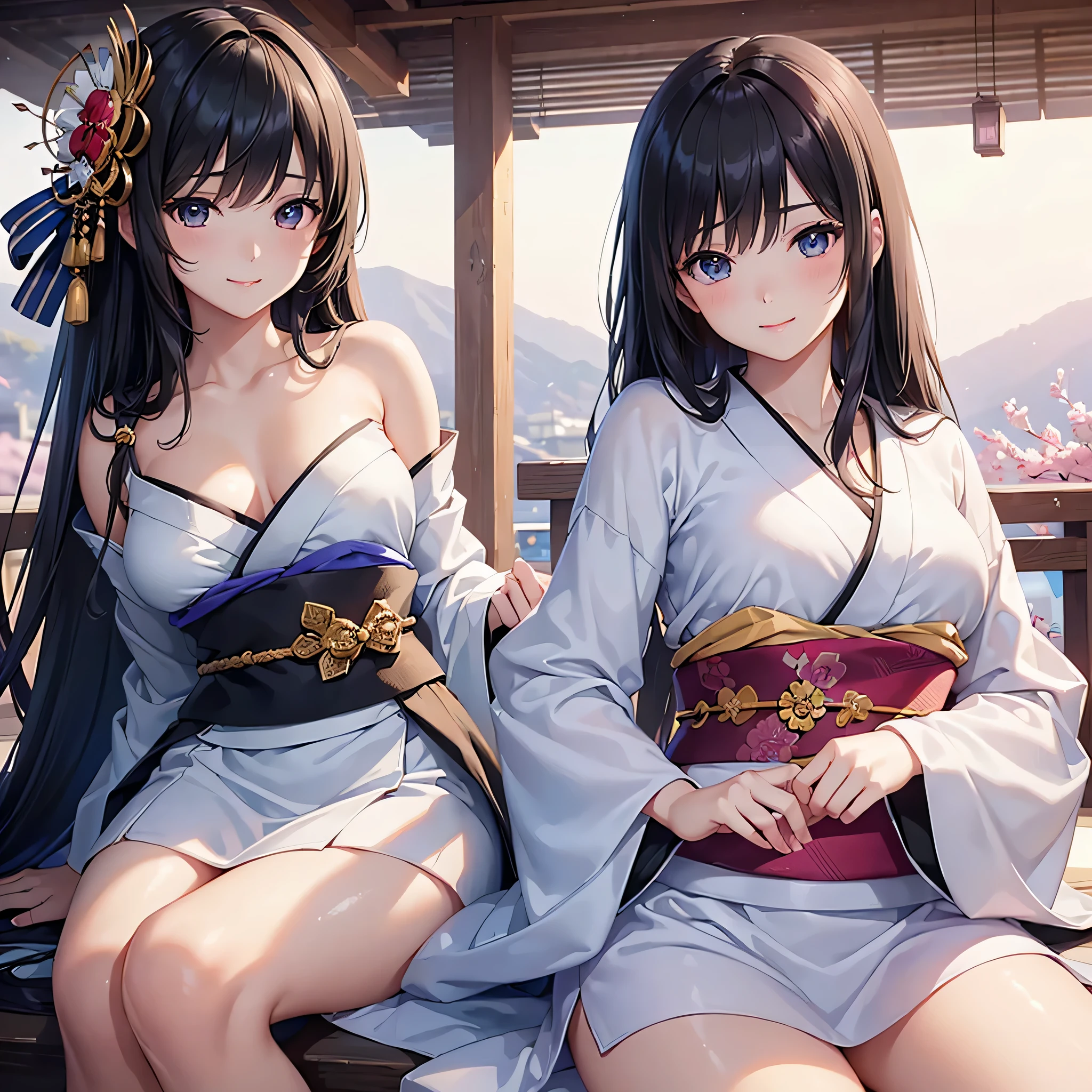 one beautiful woman、((highest quality、8K masterpiece:1.3))、sharp focus:1.2、(super beautiful face:1.0)、(shiny skin:1.0)、realistic pictures、black hair、video writing、High resolution eyes and face、video writing、japanese actress、from the front、Medium chest、shy smile、The beauty of slender abs、whole body、kimono、 highest grade obi