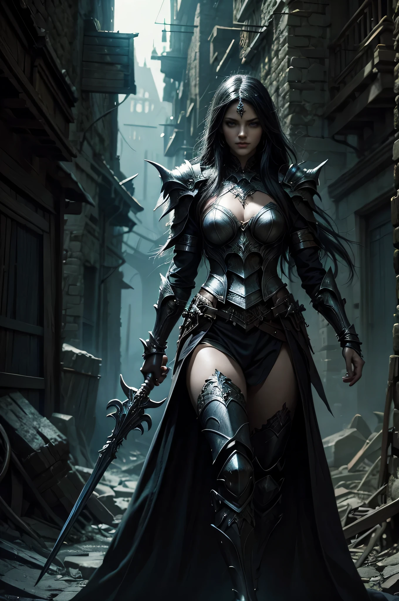a group of women in armor walking through a dark alley, concept art by Aleksi Briclot, cgsociety contest winner, fantasy art, dark fantasy style art, dark fantasy art, dark fantasy style, gothic fantasy art, elegant cinematic fantasy art, dark fantasy artwork, dark epic fantasy, in style of dark fantasy art, fantasy dark art, epic fantasy style
