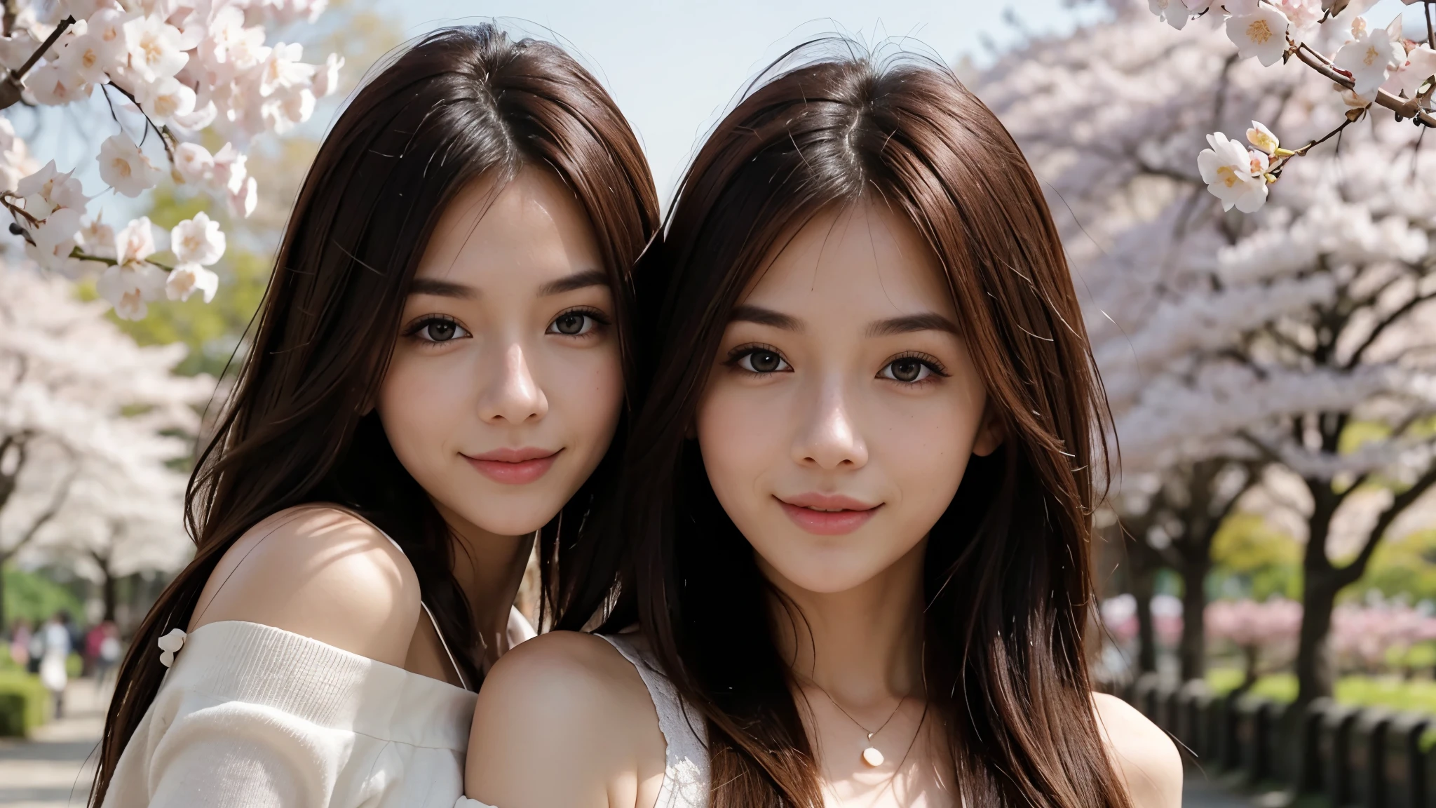 Instagram pictures, a girl with shoulder length hair, light blonde hair, a Close-up photo, Take a walk in the park with cherry blossoms, Japan, smile a little,
