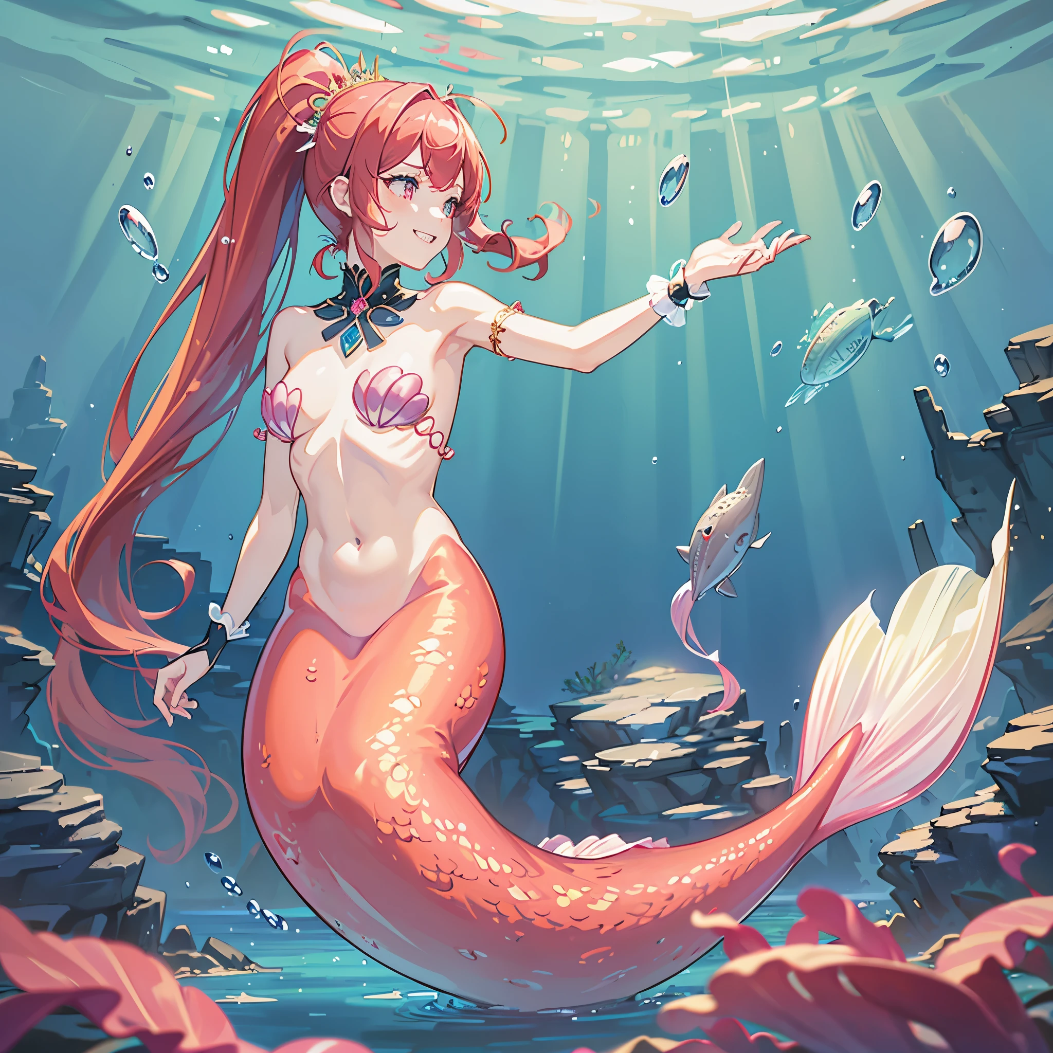 (best quality,4k,8k,highres,masterpiece:1.2),ultra-detailed, Pretty ************ princess magically transformed into a beautiful mermaid, race swap, fantastic transformation, none human, steampunk, fish like, wet body, surrounded by small bubbles, long mermaid tail below waistline, fins ears, shimmering red fish scales, drawn in anime style, very long pigtails red hair, sharp teeth, is smiling, pink eyes, small breast, long pelvic and dorsal fins, pair of fish gills on the torso, seashells bra, starfish hair clips, pearl earrings and bracelets, pearl necklace, hair ribbons, gold tiara, ocean depths, swimming underwater, joyful expression, playful mermaid poses, sparkling water, water reflections, ethereal atmosphere, subtle glow, whimsical and enchanting, checking her new body, underwater world, colorful coral reef, magical underwater lighting, vivid colors, breathing underwater, endless ocean depths, sunlight filtering through the water, Highly detailed, masterpiece, high quality, 4K.