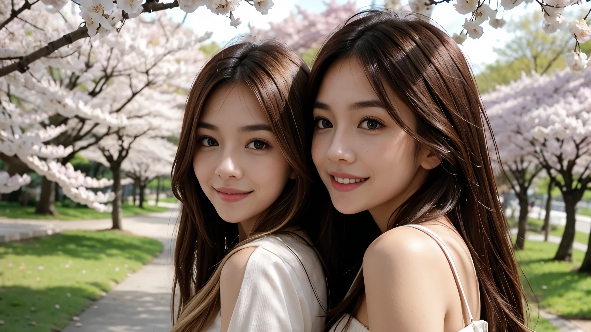 Instagram pictures, a girl with shoulder length hair, light blonde hair, a Close-up photo, Take a walk in the park with cherry blossoms, Japan, smile a little,