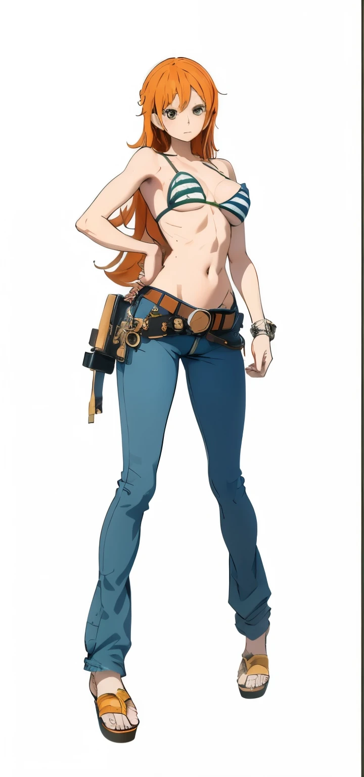 ((masterpiece)), ((high quality)), ((detail)), 1girl, solo, nami, pirates, standing, slim body, cute girl, orange hair, long hair, round black eyes, naked, green bra white stripes, sagging pants, blue jeans, leather belt, metal buckle, wooden sandals, realistic, reality, ultra detailed, high quality images, 8k wallpaper, 8k, 70mm camera lens