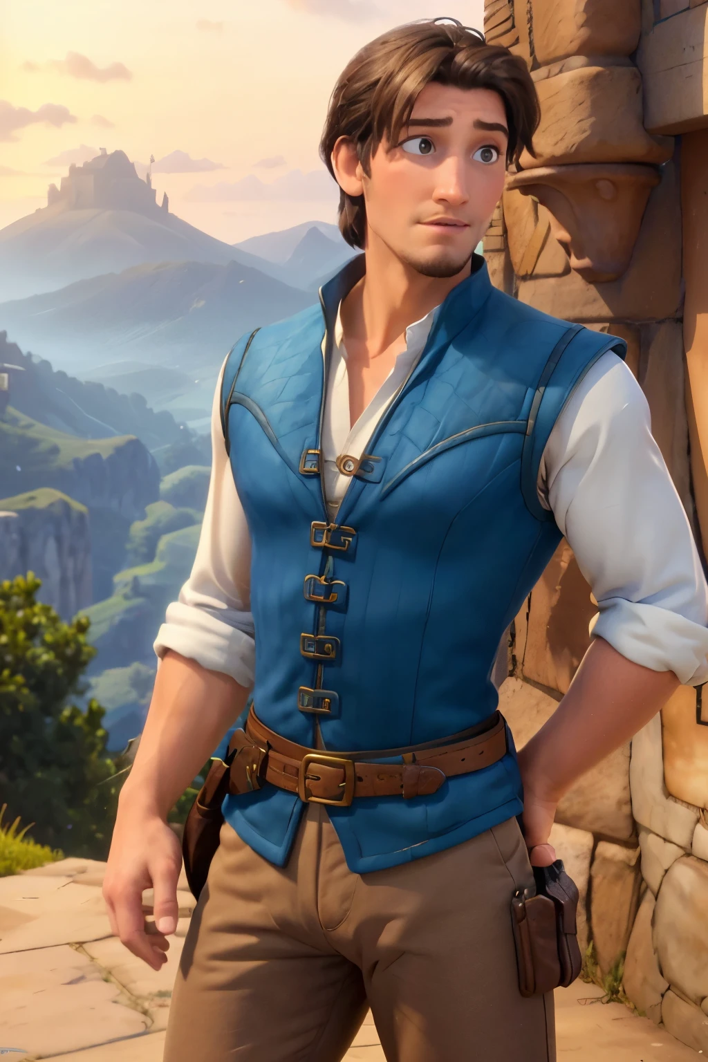 flynn_rider, muscular,  brown hair, goatee, shirt, sleeves rolled up, blue vest, landscape,  belt, pants, looking at you, 