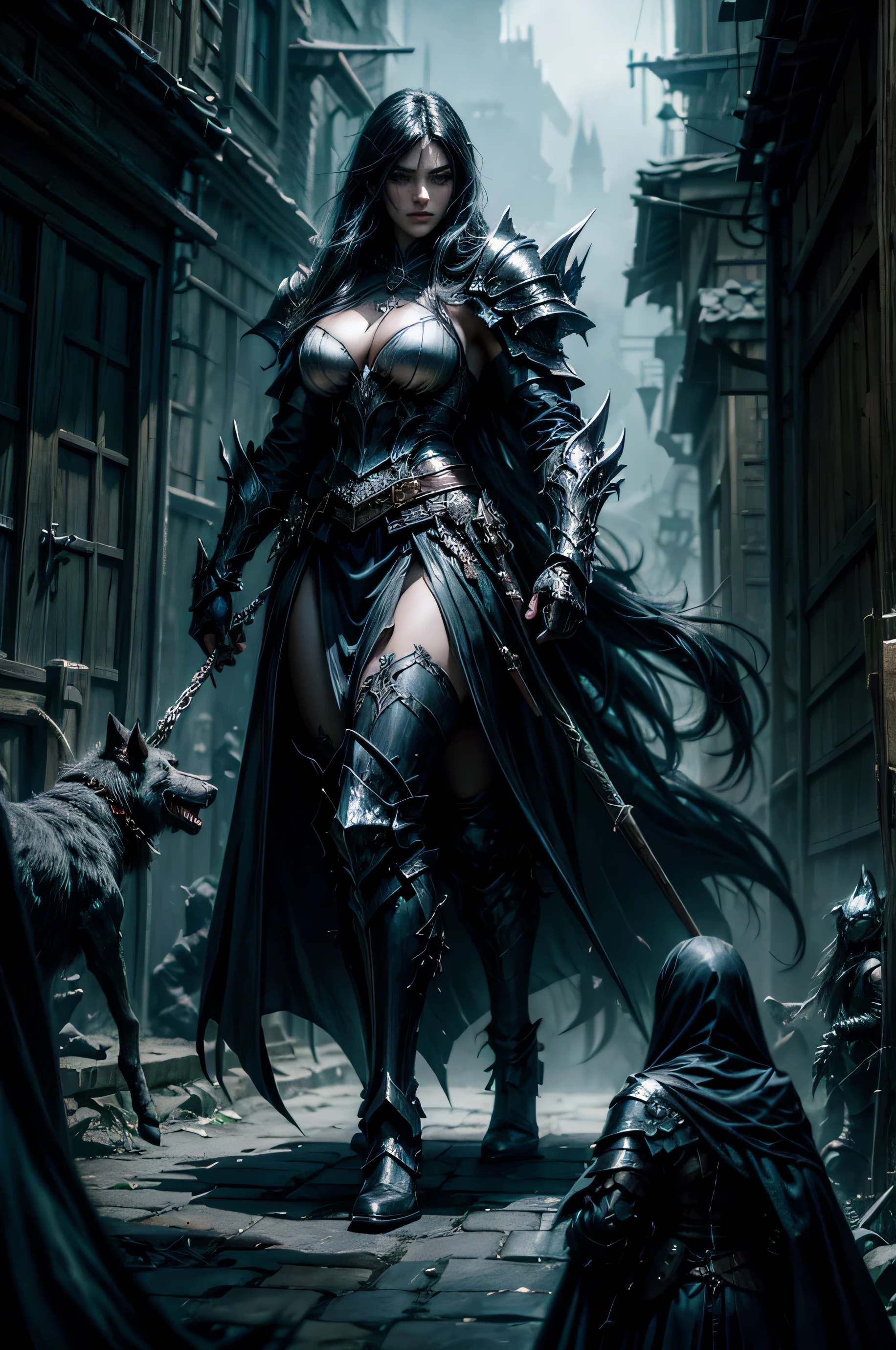 a group of assasin women in armor walking through a dark alley, with her big dogs, concept art by Aleksi Briclot, society contest winner, fantasy art, dark fantasy style art, dark fantasy art, dark fantasy style, gothic fantasy art, elegant cinematic fantasy art, dark fantasy artwork, dark epic fantasy, in style of dark fantasy art, fantasy dark art, epic fantasy style