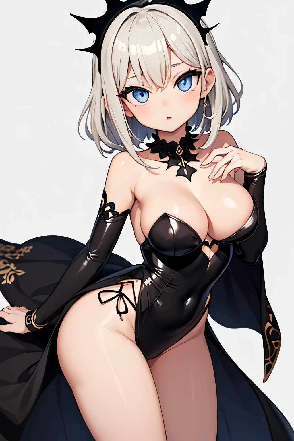 1girl, anime, cute girl, blank background, white background, fantasy, detailed dark fantasy dress with highlights, beautiful face, beautiful eyes, dark colors, silver hair, slight medium breasts, slight cleavage, beautiful skin, cute, breast curtains, extremely delicate and beautiful, (beautiful detailed face:1.0), (detailed deep eyes), symmetrical breasts, deep eyes, shiny skin, portrait, slender waist, hips wider than shoulders, thighs, expressionless, young girl, luminous eyes, adorable,(Kpop idol),(aegyo sal:1),(Platinum blonde hair:1),((puffy eye)),Black panty,sexy posture,Superskirt, 超高分辨率,Black collar,slim figure,