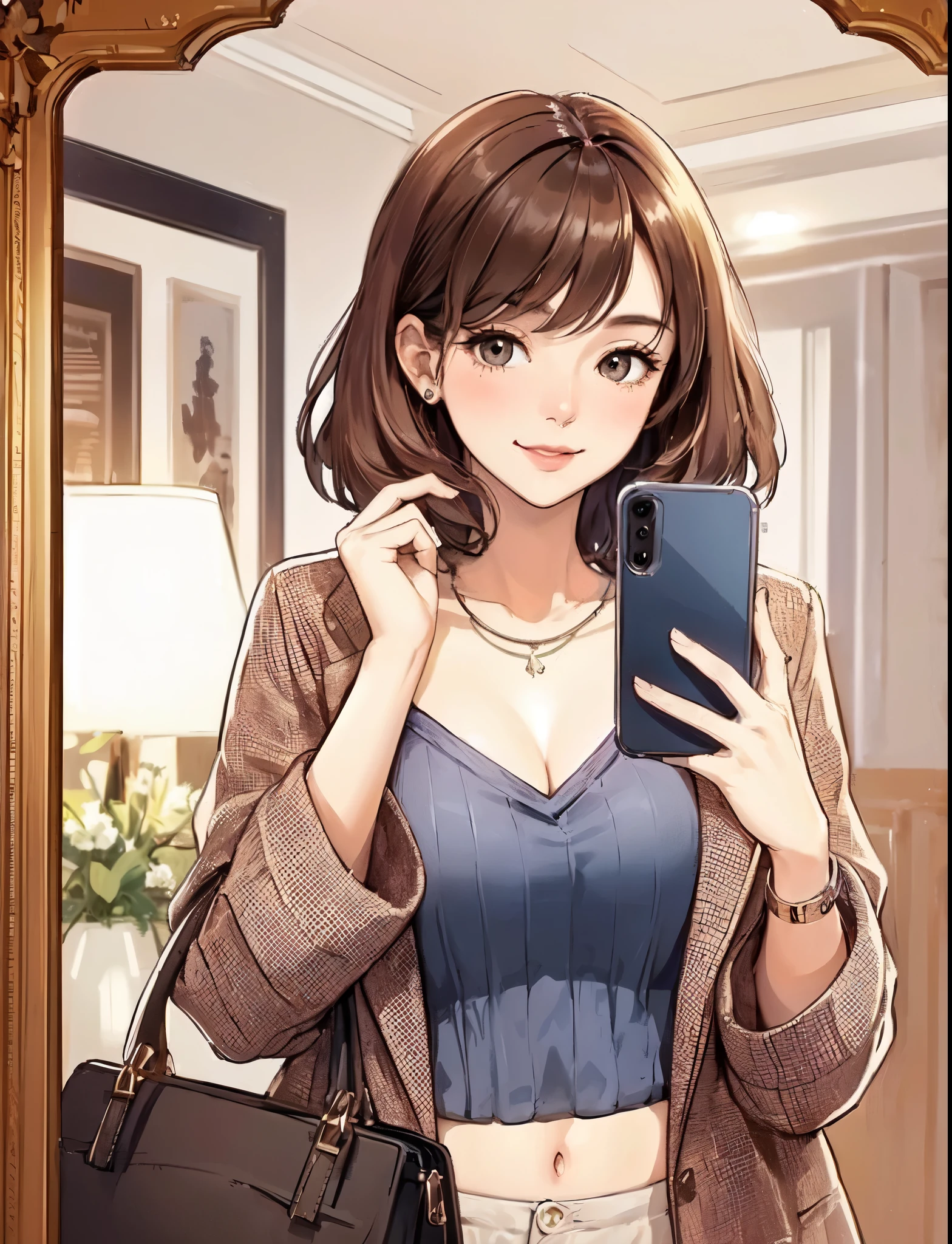 1lady standing, ((holding smartphone) in front of face:1.2), (taking selfie), (stylish and chic outfit), mature female, /(brown hair/) bangs, blush light smile, (masterpiece best quality:1.2) delicate illustration ultra-detailed, large breasts BREAK (back of smartphone), camera lens BREAK (modern house living room) indoors, (large mirror:1.2)