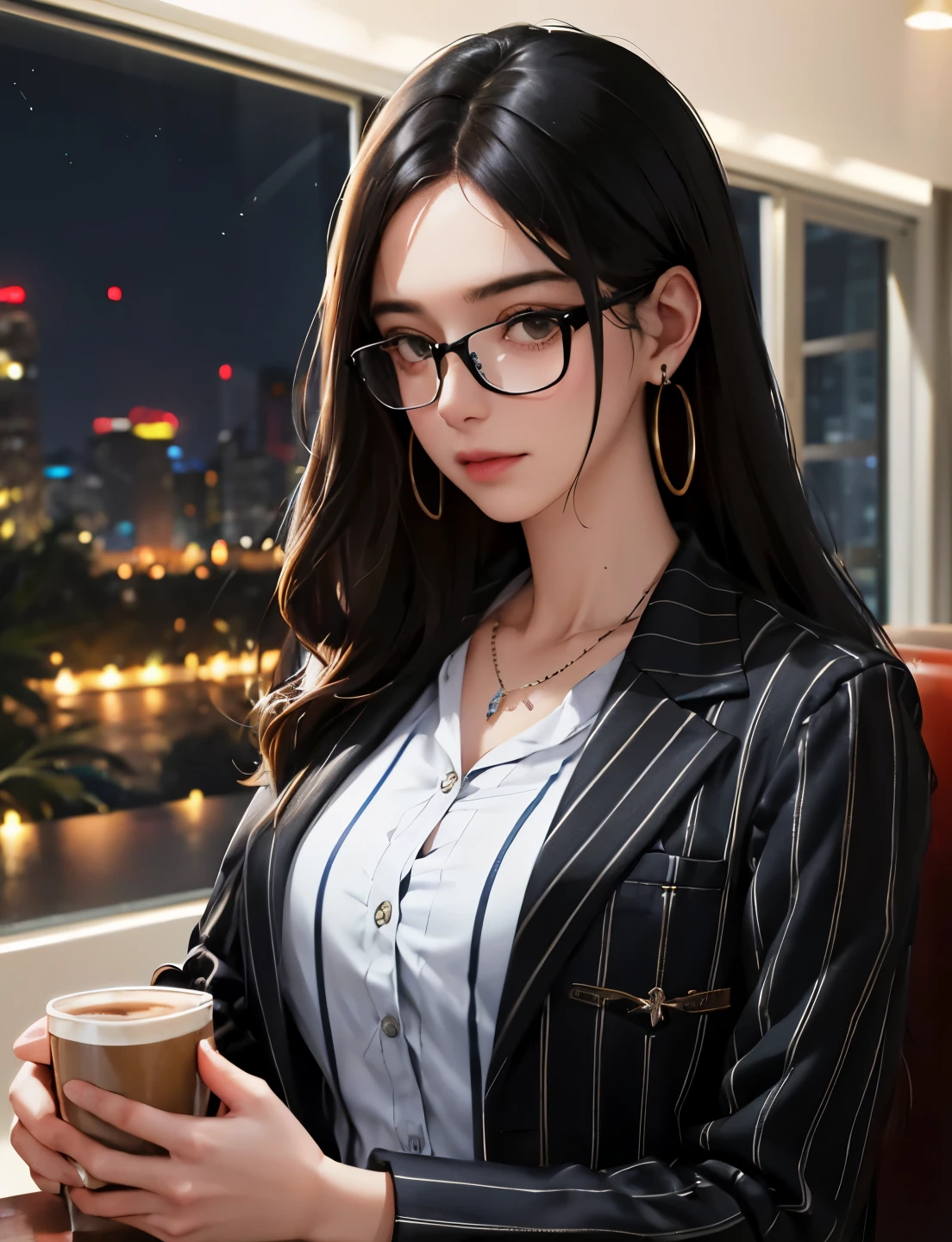 ((High-definition animation)),woman,20th generation,young,Upper body,front,((black hair)),((long hair)),((Have a cup of coffee)),((striped shirt,suit,Jacket)),black rim glasses,necklace,earrings,realistic,Snazzy,Foliage plant,big window,beautiful night view,work,