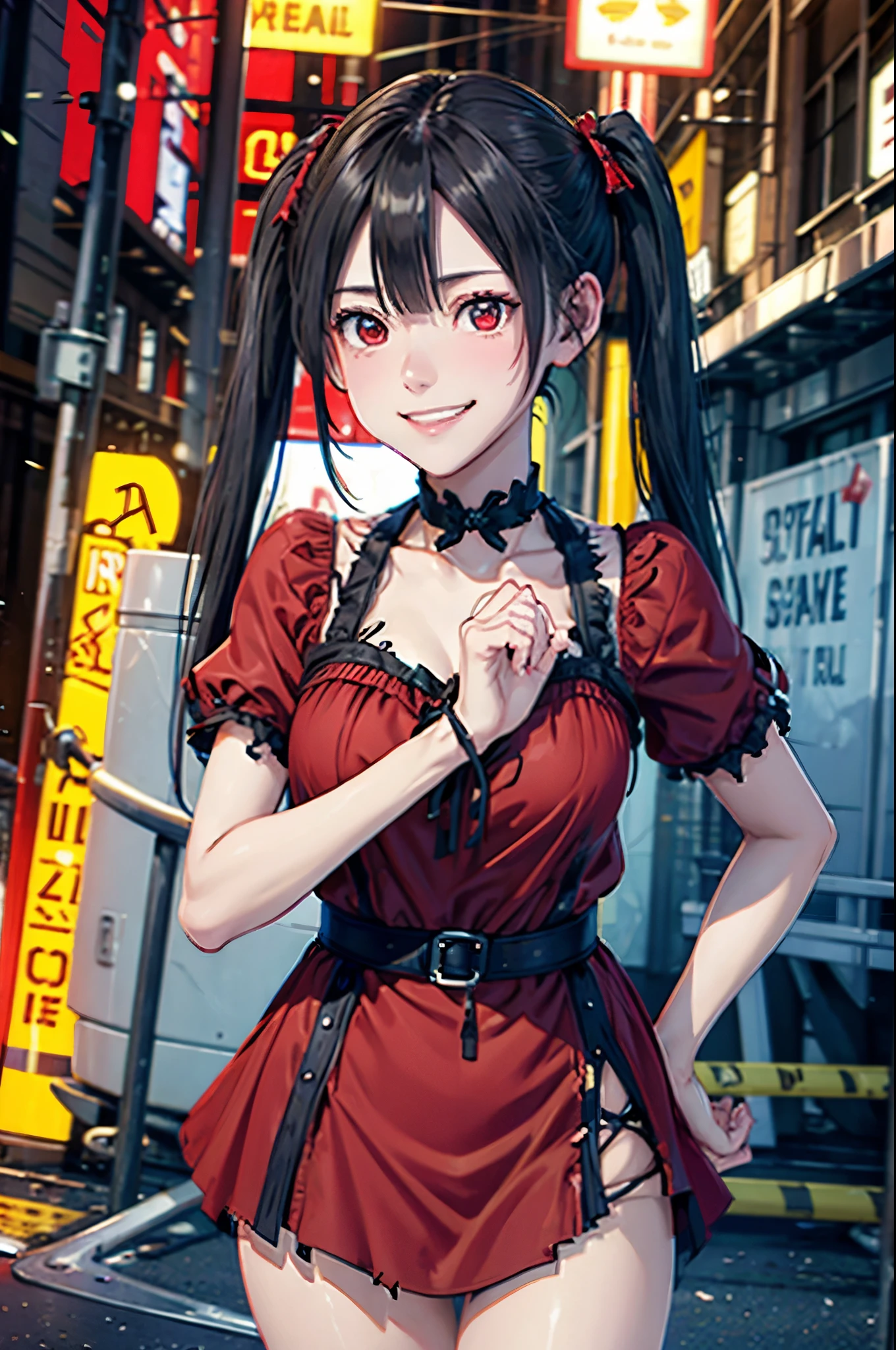 (((evil smile)))、(((Frosty smile)))、black pigtails, twin tails, trending on cgstation, twin tails hairstyle, beautiful gemini, , Trending on cgstation, wlop and sakimichan, Gwaites style artwork、(((red dress、red eyes)))、(((Torn apart)))、(((Get angry)))