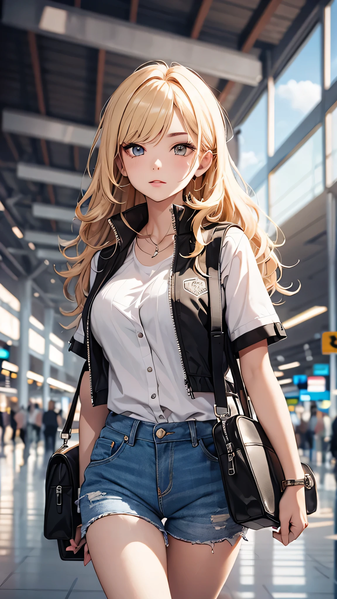 最high quality、best image quality、masterpiece、teenage girl((18-year-old、 By becoming、vest bust、medium bust,wide open breast tea、black eye, blonde hair、long hair、thin,highest valley、blue shorts、Black Short Sleeve Jacket、walk、white shirt,chest、Eyeshadow Makeup、I have a carry bag)),high quality、beautiful art、background((In the airport))、debris flies、Depth of written boundary、movie、visual art、perfect art、8K,genuine