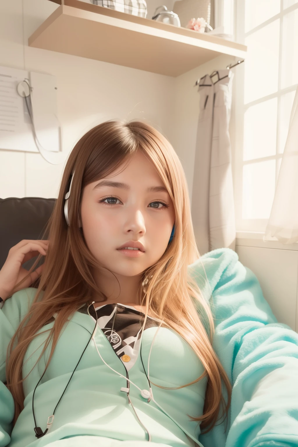 Young girl wearing headphones and sitting on a blue chair,See-through loungewear,No underwear
