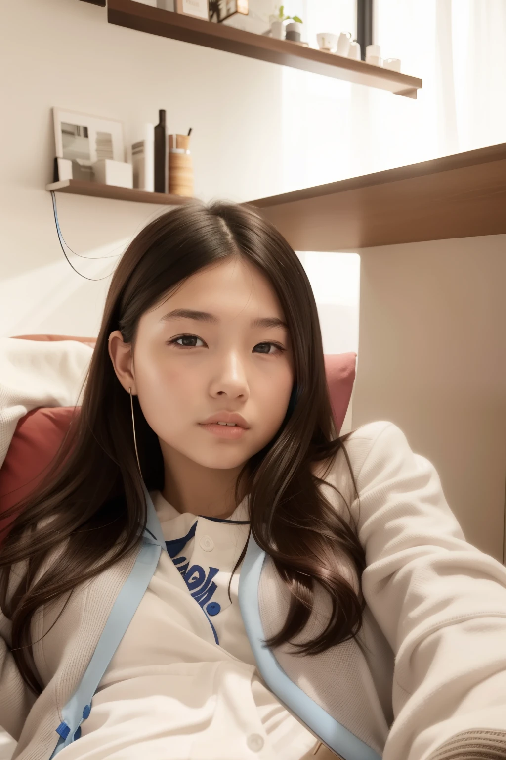 Young girl wearing headphones and sitting on a blue chair，See-through loungewear，No underwear