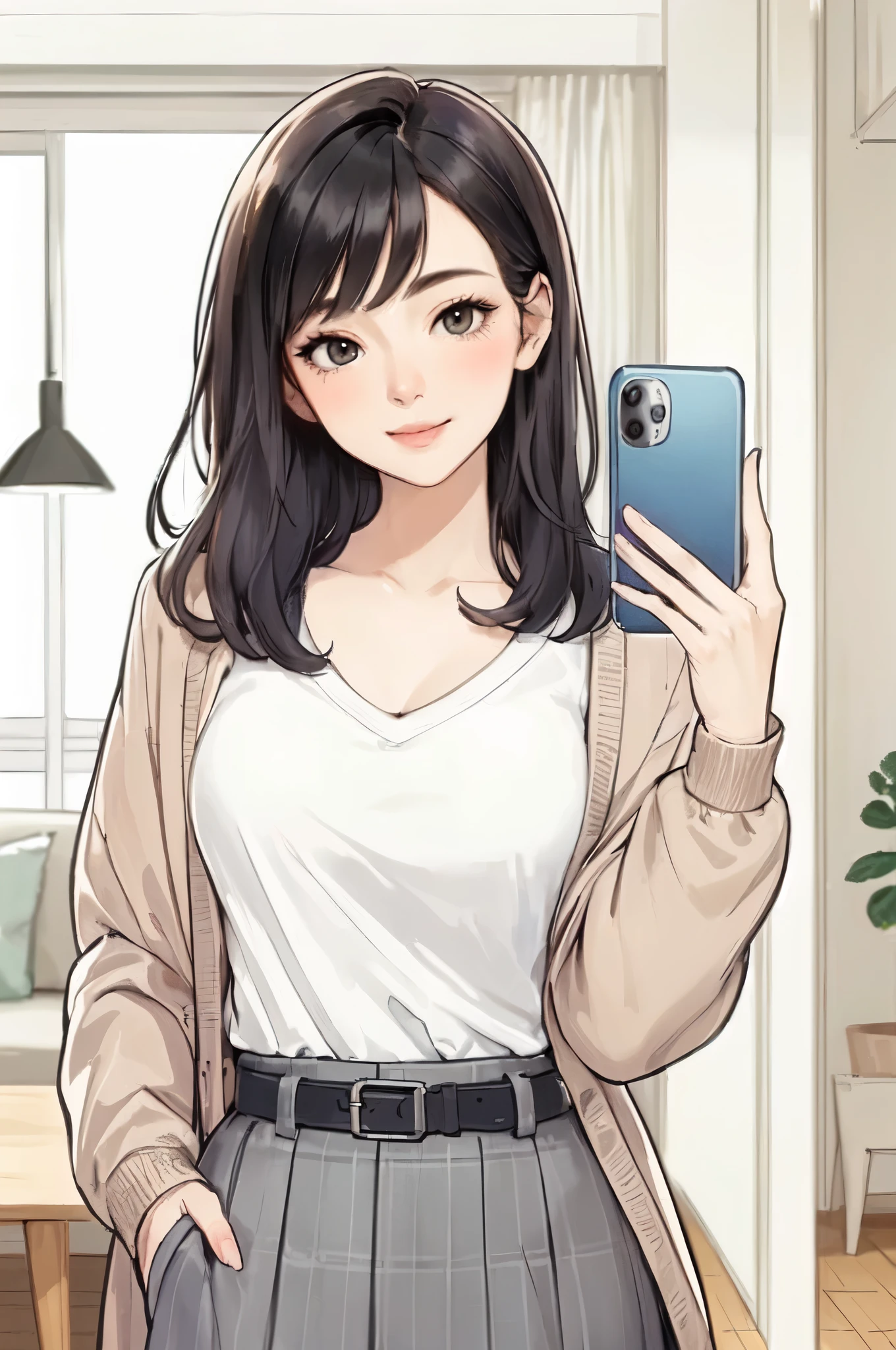1lady standing, ((holding smartphone) in front of face:1.2), (taking selfie), (stylish and chic outfit), mature female, /(black hair/) bangs, blush light smile, (masterpiece best quality:1.2) delicate illustration ultra-detailed, large breasts BREAK (back of smartphone), camera lens BREAK (modern house living room) indoors