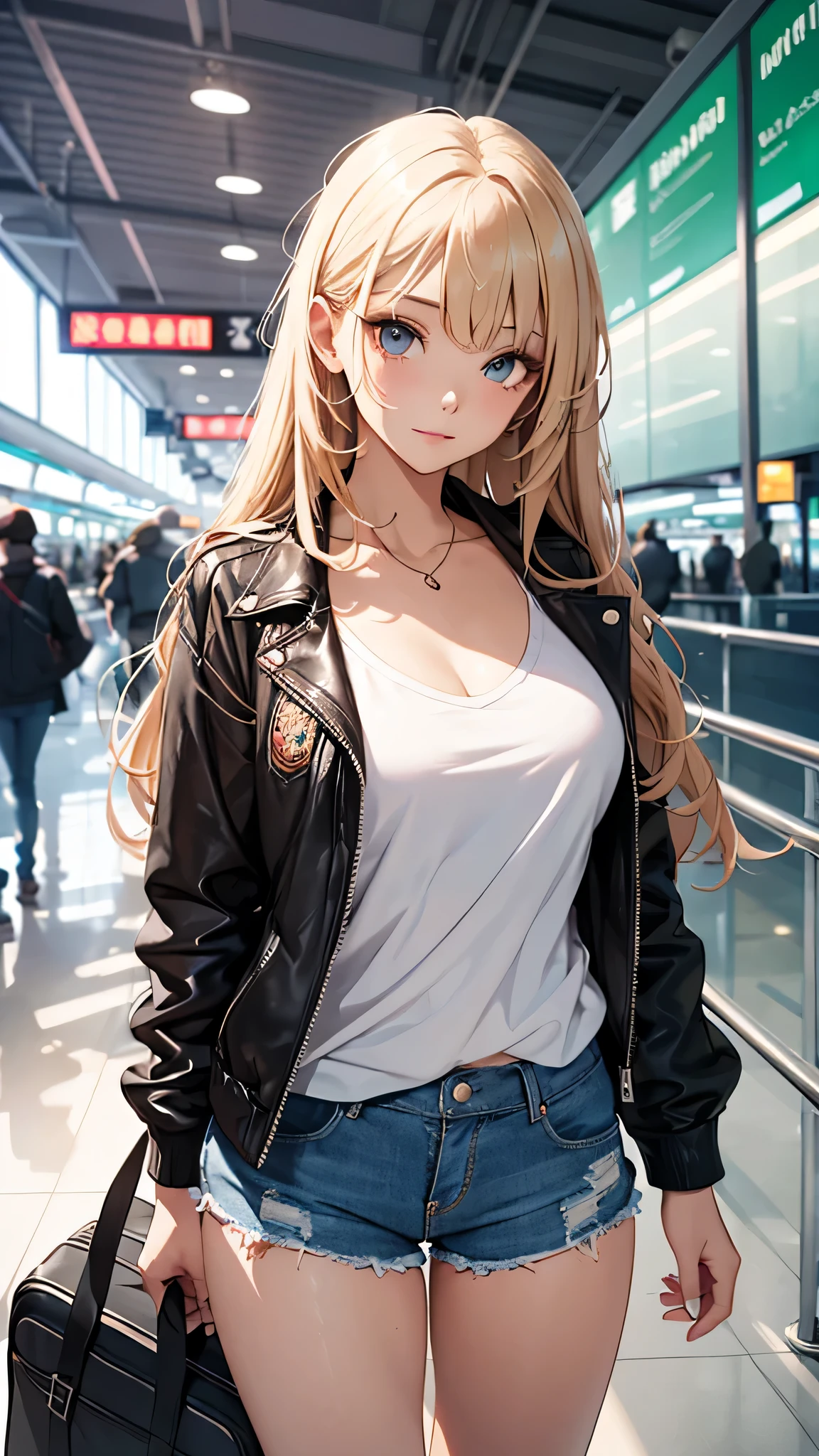 最high quality、best image quality、masterpiece、teenage girl((18-year-old、 By becoming、vest bust、medium bust,wide open breast tea、black eye, blonde hair、long hair、thin,highest valley、blue shorts、Black Short Sleeve Jacket、walk、white shirt,chest、Eyeshadow Makeup、I have a carry bag)),high quality、beautiful art、background((In the airport))、debris flies、Depth of written boundary、movie、visual art、perfect art、8K,genuine