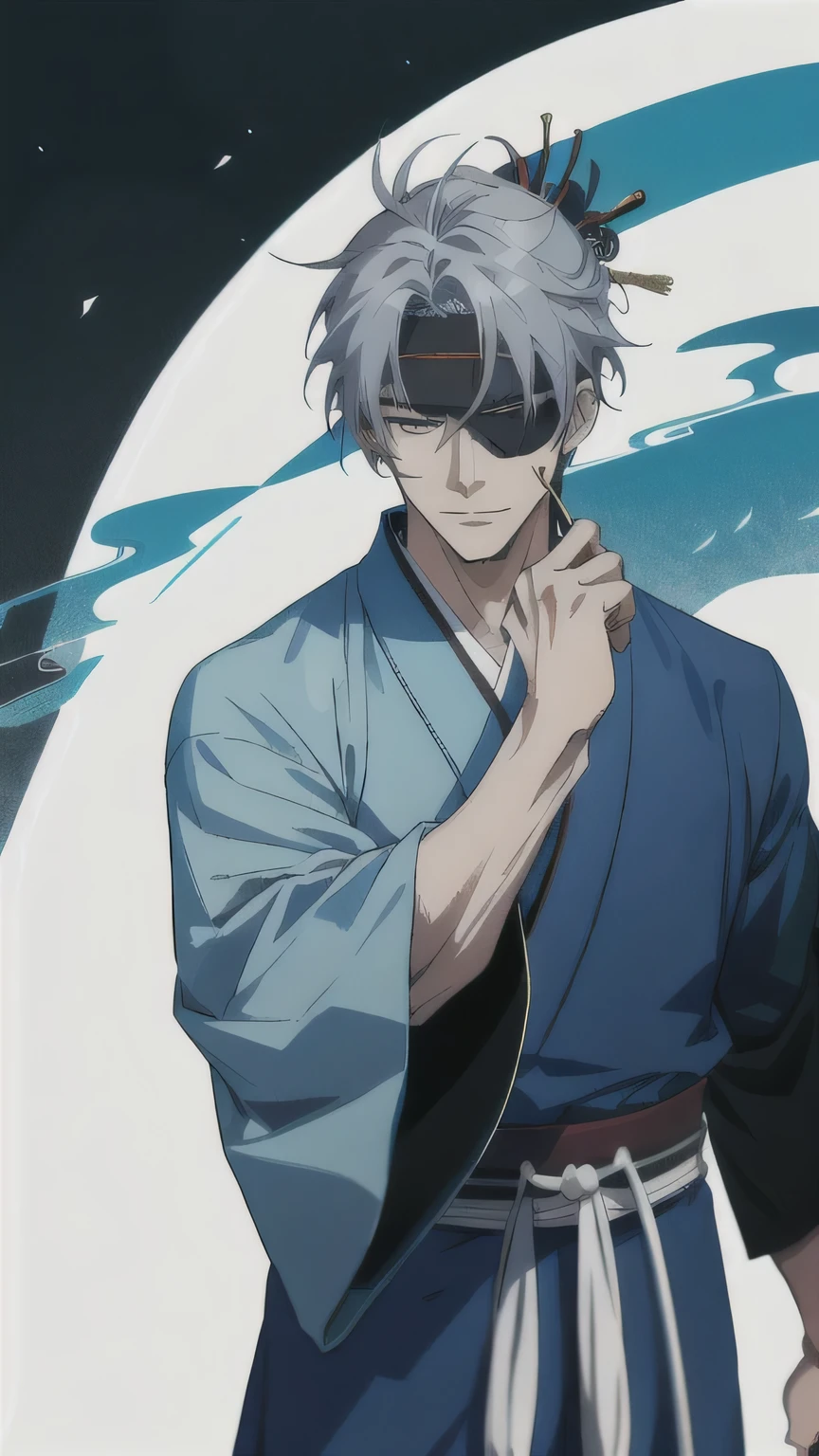 Chinese samurai, man, 38 years, anime style. Wearing a blue haori with a blindfold and gray hair., Katana.
