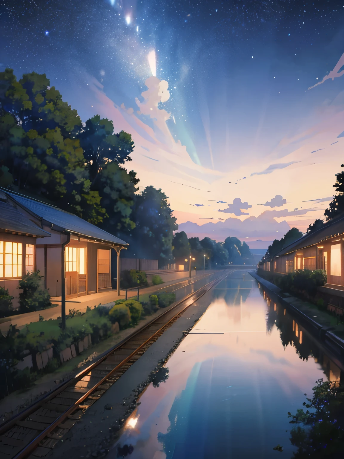 High-quality masterpieces, landscape, cloud, Anime train passing through a body of water on distant tracks, Bright starry sky. traveller, Romantic Lights, pixiv, concept art, lofi art style, reflection. makoto shinkai, Roffey Art, beautiful anime scene, アニメのlandscape, 詳細なlandscape — 幅 672, makoto shinkai's style, makoto shinkai's style, Enhanced details.
