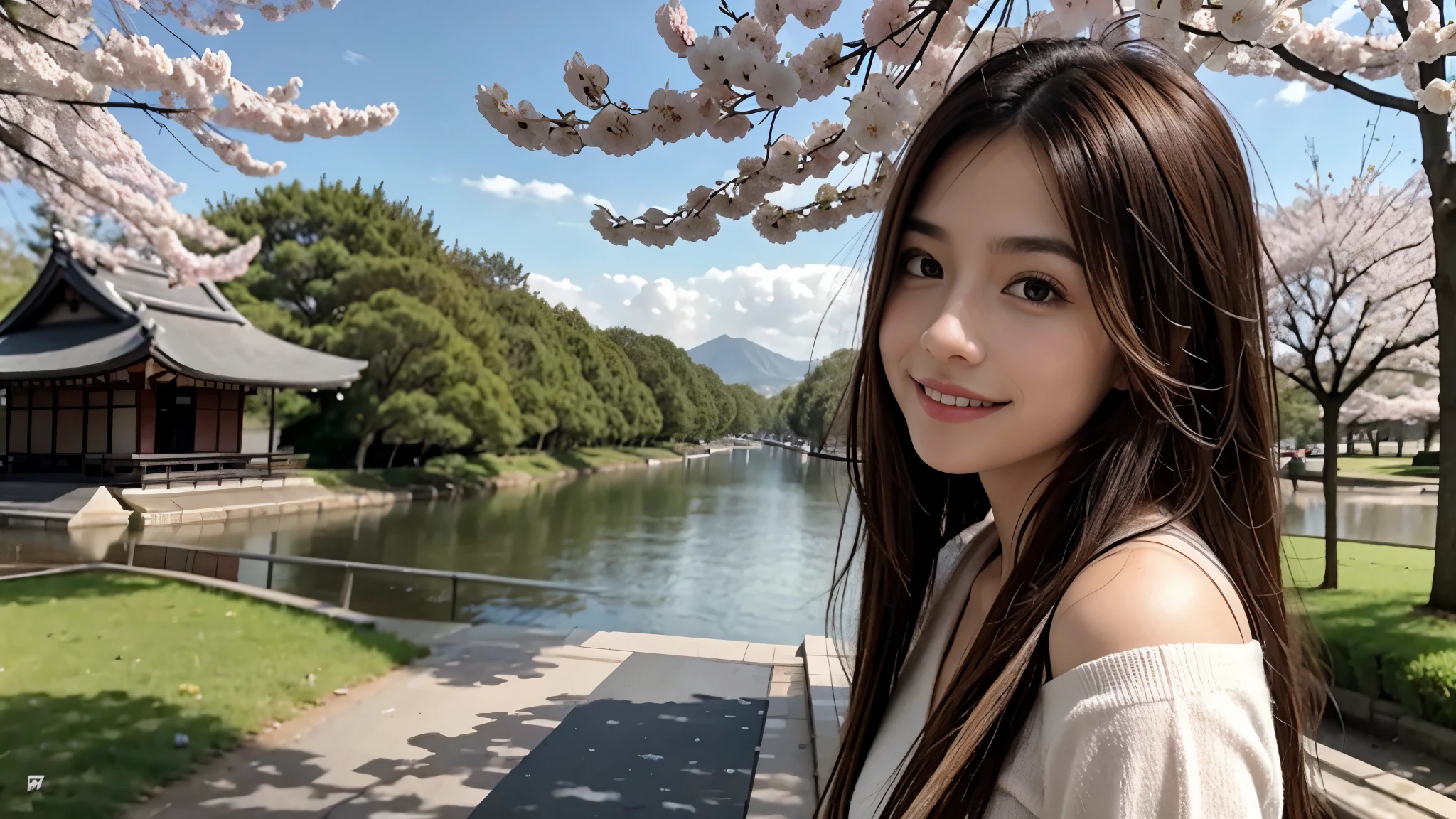Instagram pictures, a girl with shoulder length hair, light blonde hair, a Close-up photo, Take a walk in the park with cherry blossoms, Japan, smile a little,