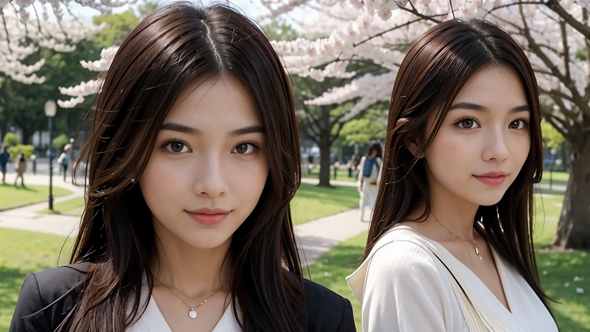 Instagram pictures, a girl with shoulder length hair, light blonde hair, a Close-up photo, Take a walk in the park with cherry blossoms, Japan, smile a little,