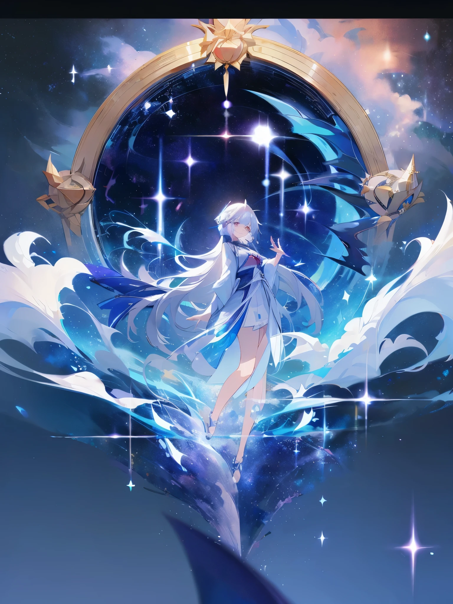 ， A girl wearing blue and white robes, White hair and red eyes, Cute anime waifu wearing beautiful clothes, white hanfu, Beuatiful anime artwork, Beuatiful anime art, Beuatiful anime, anime goddess, guweiz, beautiful figure painting, Beautiful fantasy anime，Girl&#39;s hands hidden in sleeves，starry sky background。