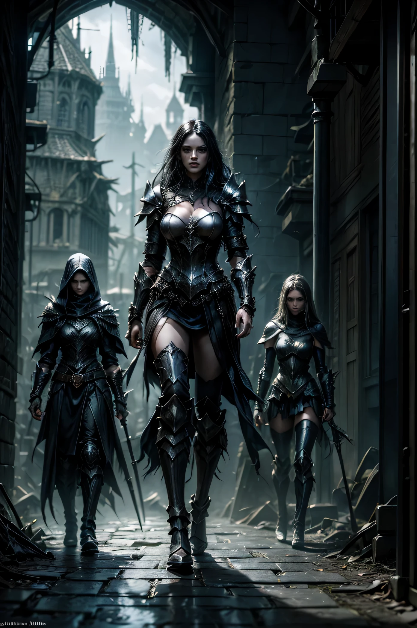 a group of women in armor walking through a dark alley, society contest winner, fantasy art, dark fantasy style art, dark fantasy art, dark fantasy style, gothic fantasy art, elegant cinematic fantasy art, dark fantasy artwork, dark epic fantasy, in style of dark fantasy art, fantasy dark art, epic fantasy style