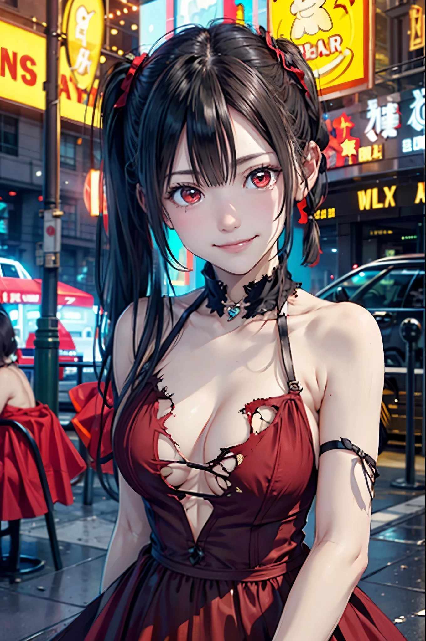 (((evil smile)))、(((Frosty smile)))、black pigtails, twin tails, trending on cgstation, twin tails hairstyle, beautiful gemini, , Trending on cgstation, wlop and sakimichan, Gwaites style artwork、(((red dress、red eyes)))、(((Torn apart)))、(((Get angry)))