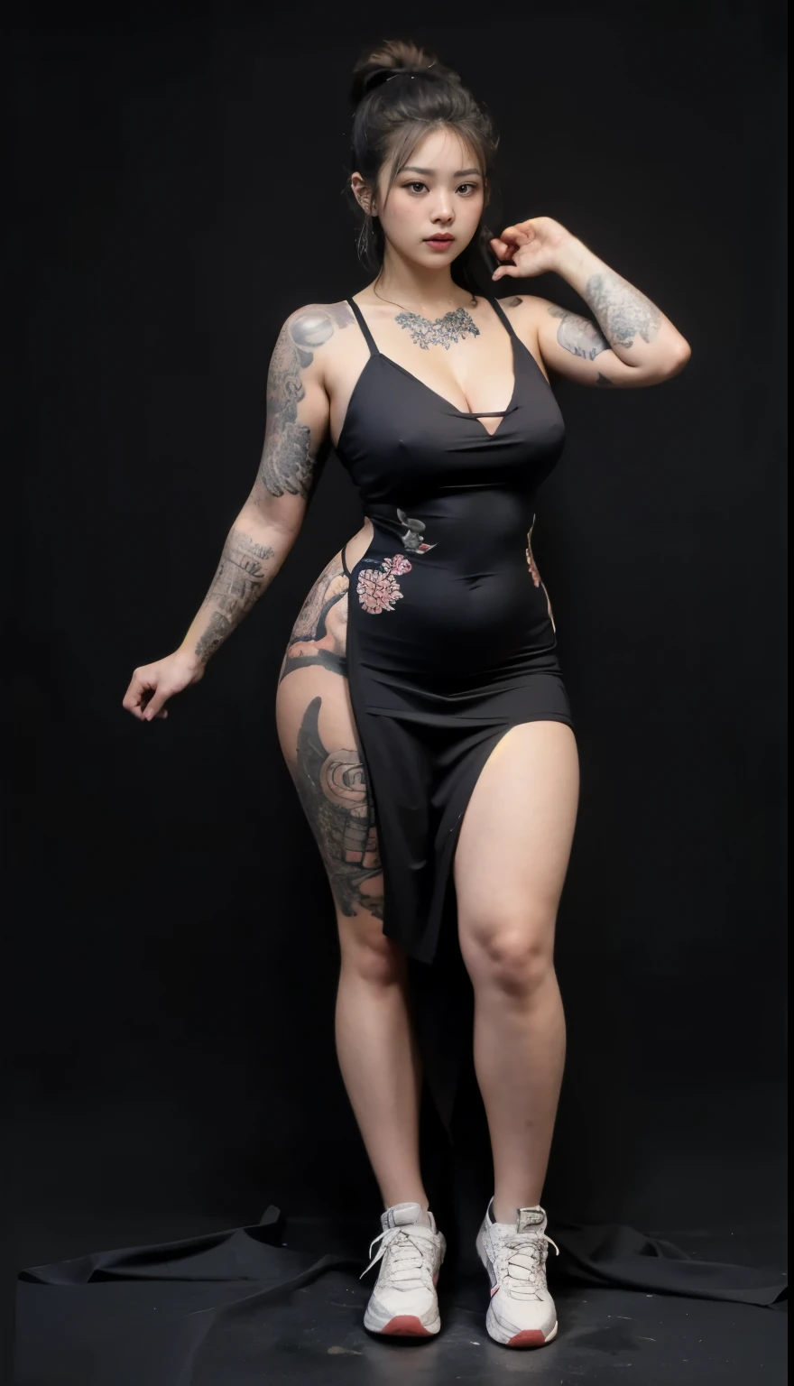 ((best quality)), ((masterpiece)), (detailed), perfect face, Beautiful, mother-in-law, asian-Indonesian , voluptuous, wearing random clothes (formal), In the black room, seductive expression, chubby body, nice body, chubby, chinese-Indonesian. Full body, big arm, wide hips , wearing a sneakers, bob hairstyle, baby face , chubby cheeks, 35 year old, chubby tall woman, tattooed thighs , yakuza tattoos , big thighs, big armpits , chubby massive cheeks , thick neck, cold atmosphere, low light, wavy short haired, big owing her armpits , thick woman