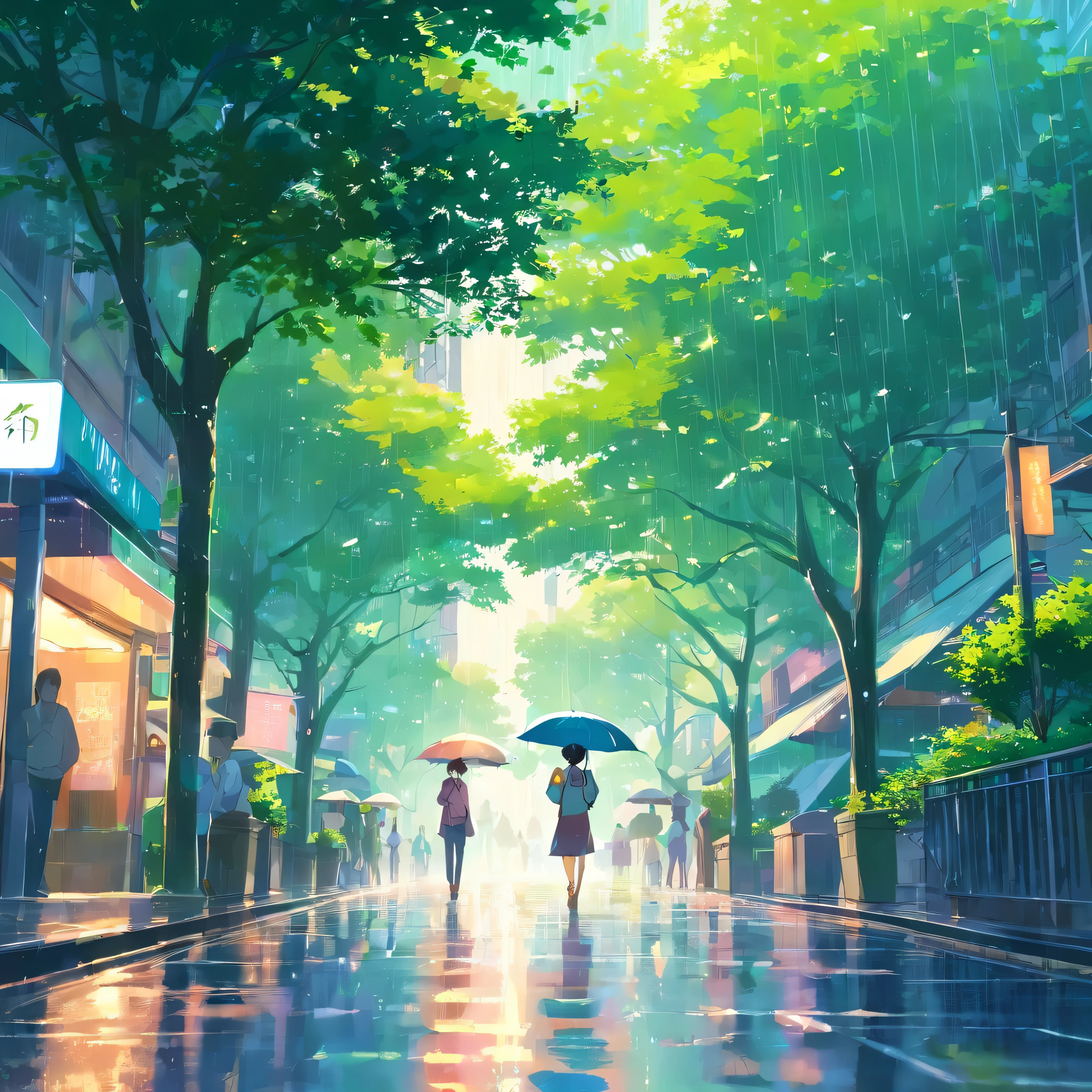 rain in the city, mane green trees, park,