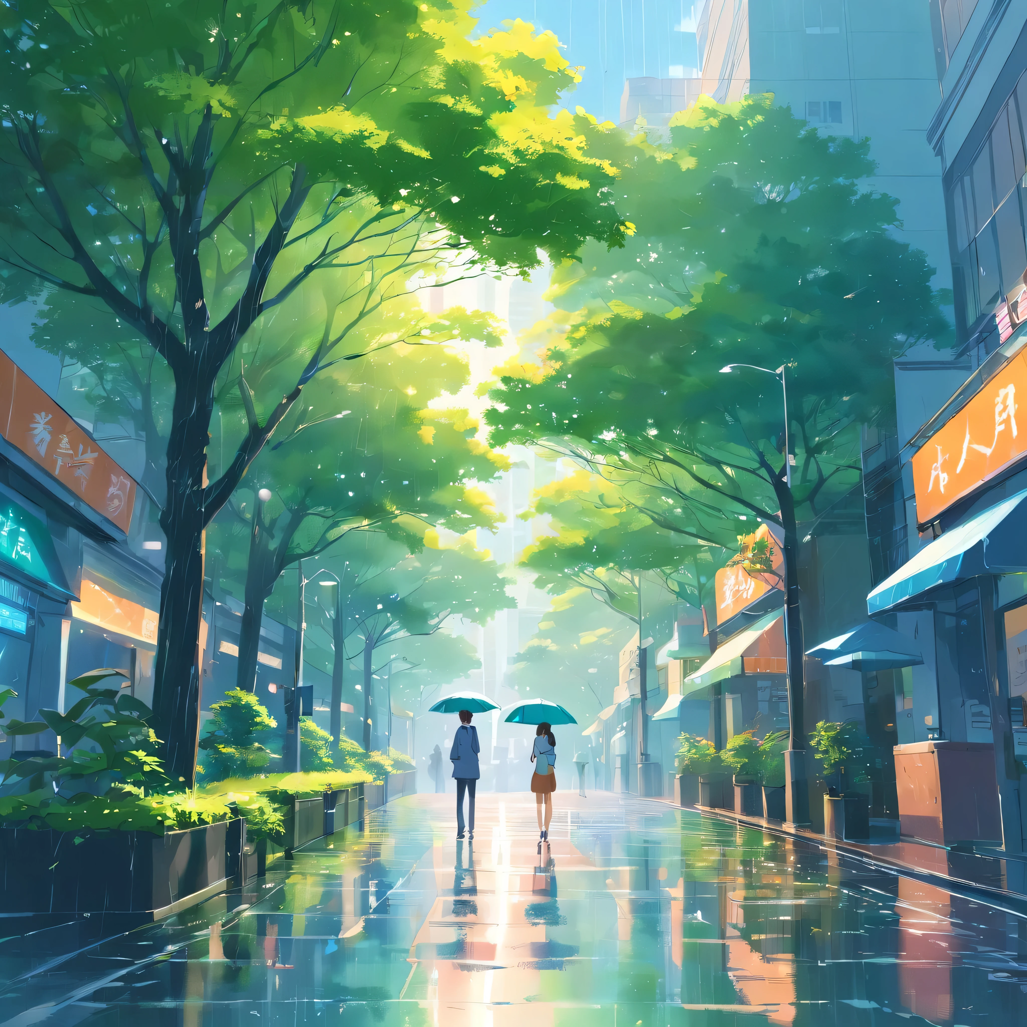 rain in the city, mane green trees, park,